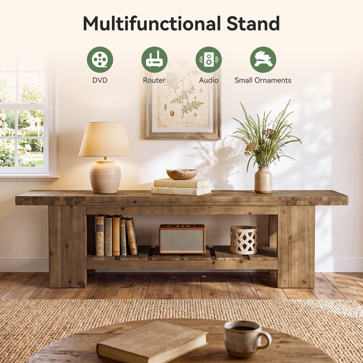 70.9" Solid Wood TV Stand, Media Console with with Lower Storage Shelf for Living Room