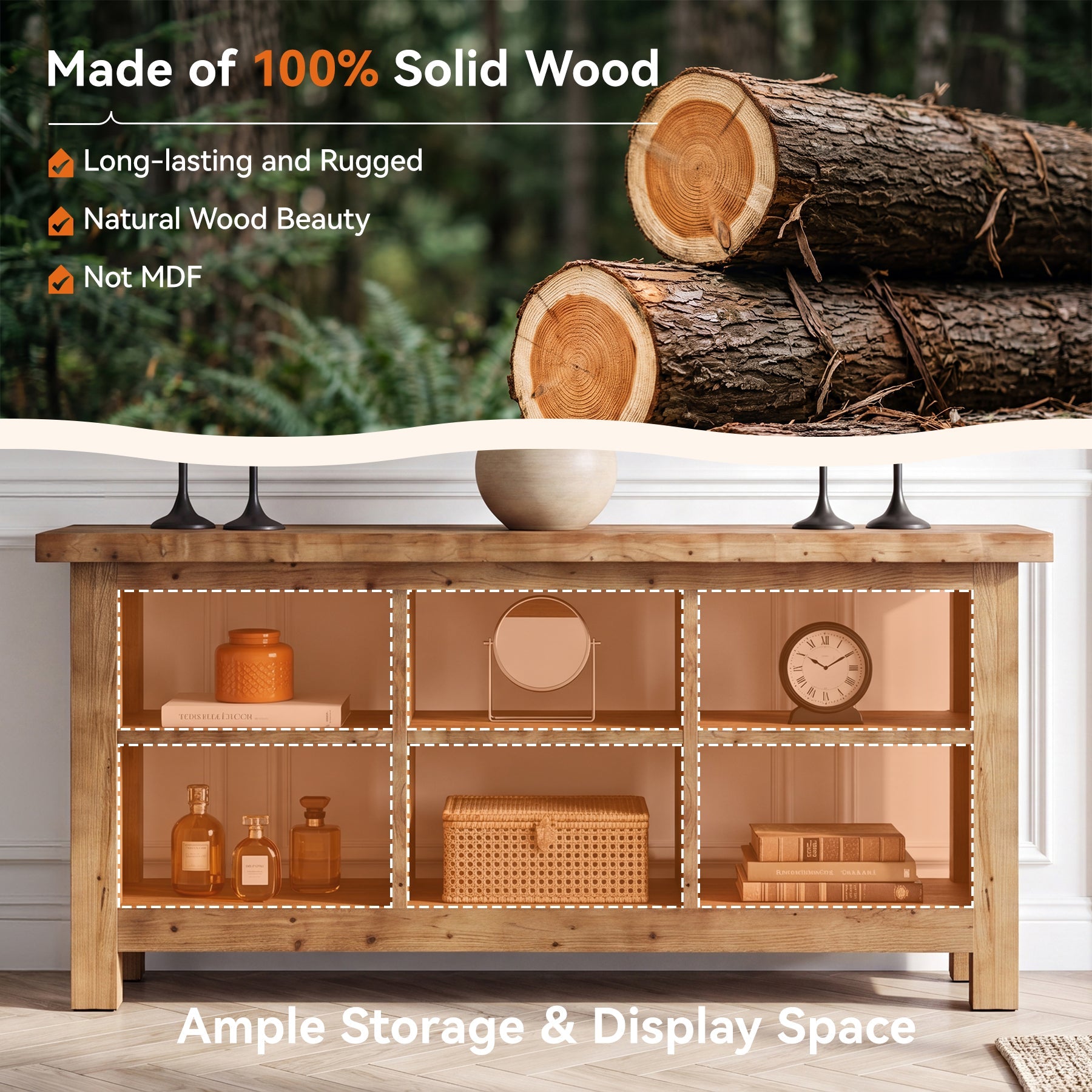70.8" Long Console Table, 3-Tier Solid Wood Entryway Table with 6 Cubes Shelf