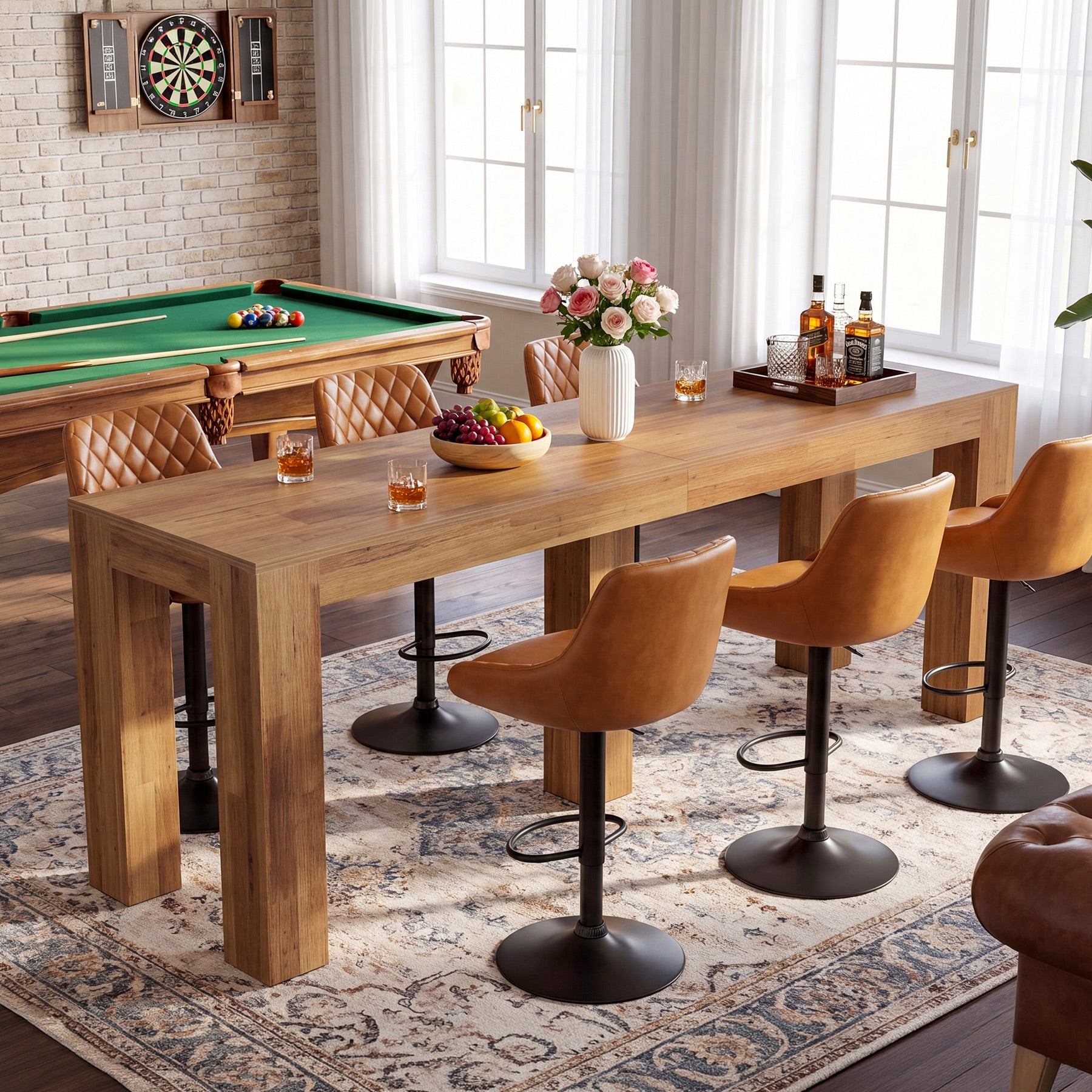 86.6" Counter Height Dining Table with 5 Legs, Wood Rectangle Bar Table for Kitchen