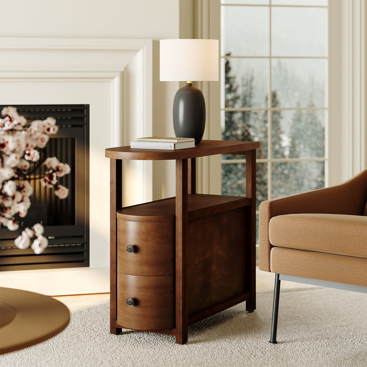 Solid Wood End Table, Slim Side Table with 2 Drawers & Open Shelf