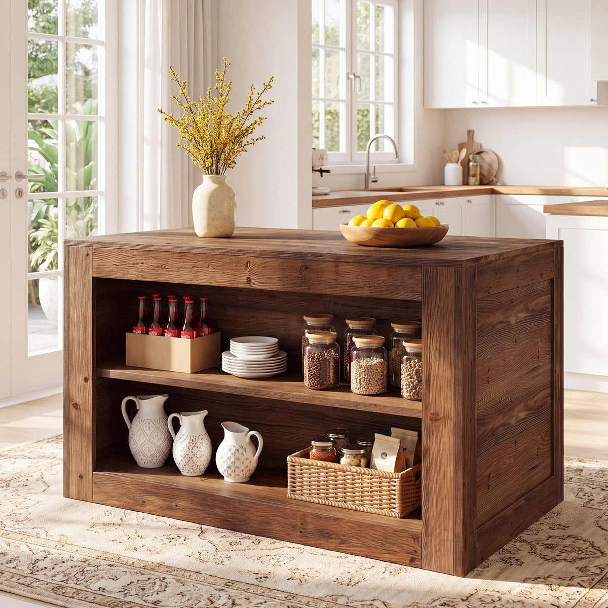 55" Solid Wood Kitchen Island, Farmhouse Stationary Table with 2-Tier Storage for Kitchen
