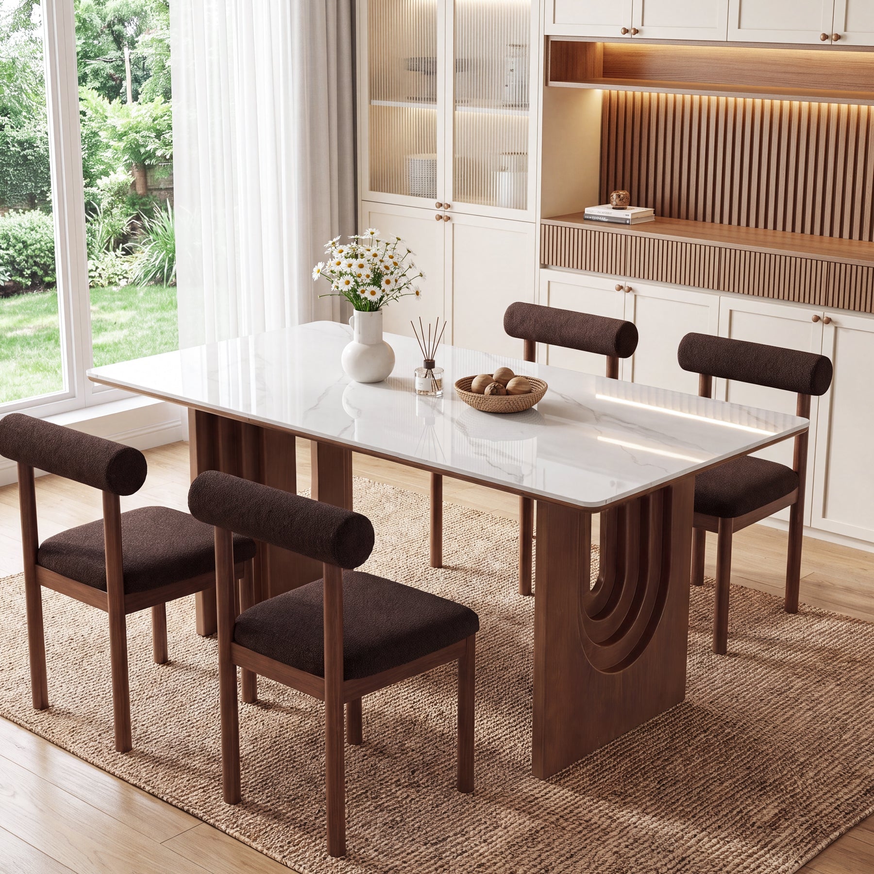 63" Sintered Stone Dining Table with Solid Wood Pedestal Double Base for 6