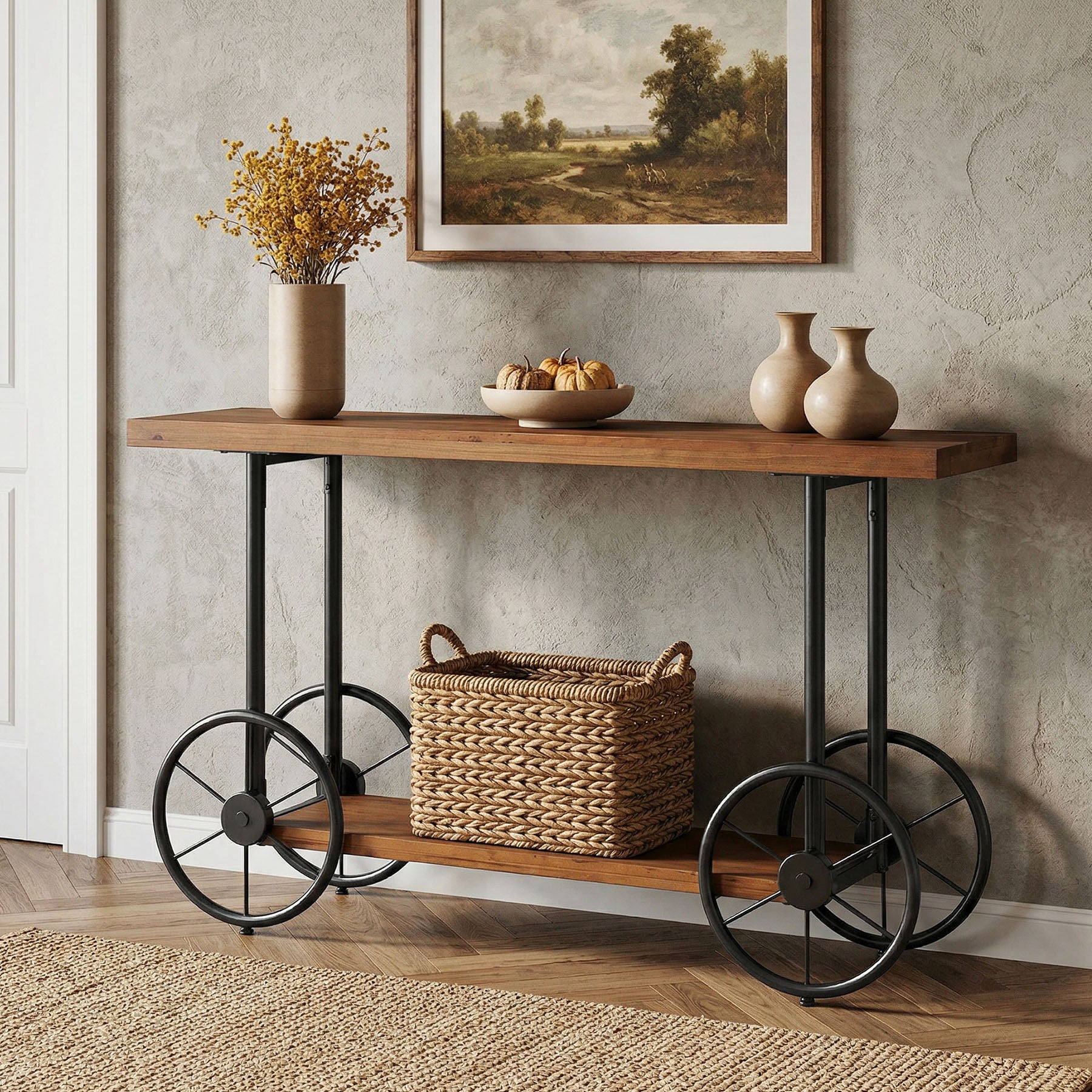 47" Solid Wood Industrial Console Table with 2-Tier Shelves – Narrow Entryway Sofa Table with Metal Base for Hallway or Living Room