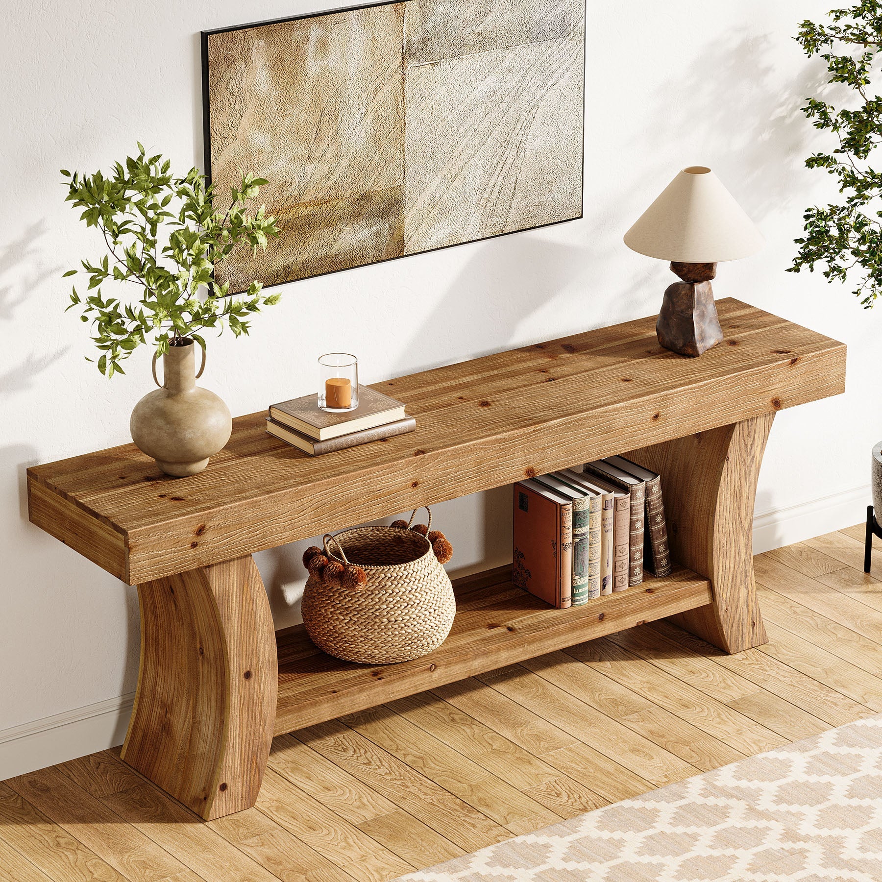 2-Tier Solid Wood Console Table, 63" Farmhouse Sofa Table Behind Couch