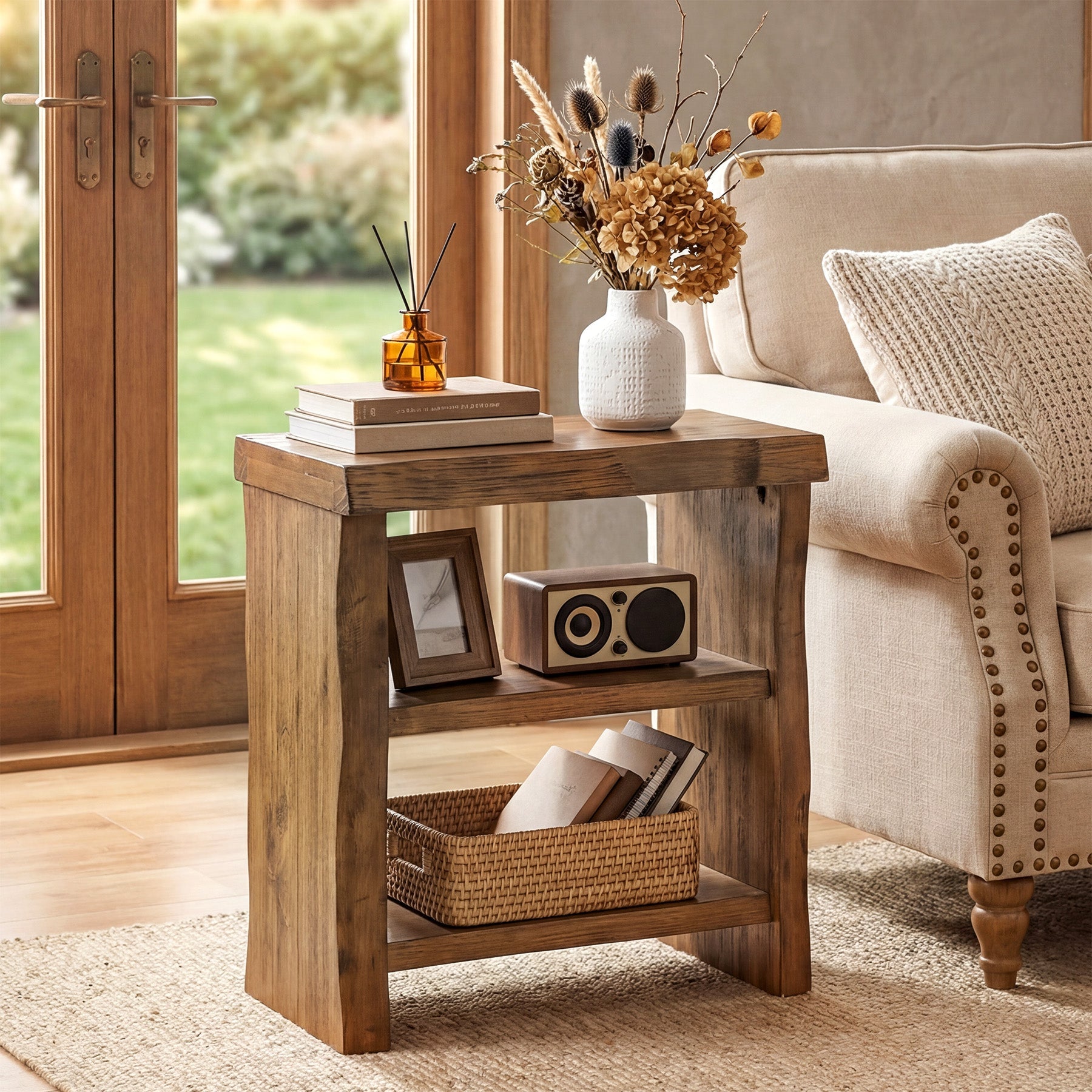 Tribesigns Solid Wood End Table, 3-Tier Live Edge Side Table for Bedroom