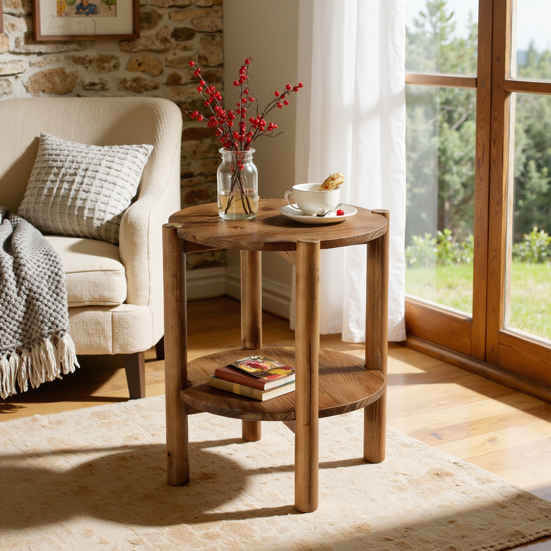 Solid Wood Round End Table, 2-Tier Small Side Table with Storage Shelf