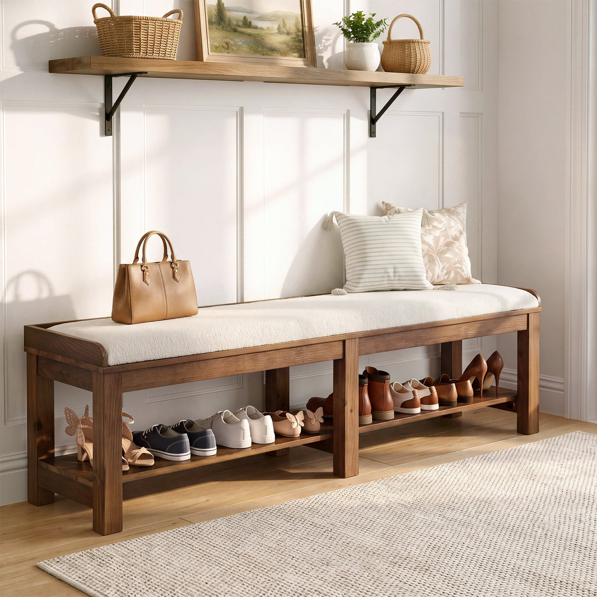 63" Solid Wood Entryway Shoe Bench, 2-Tier Upholstered End of Bed Bench with Cushion