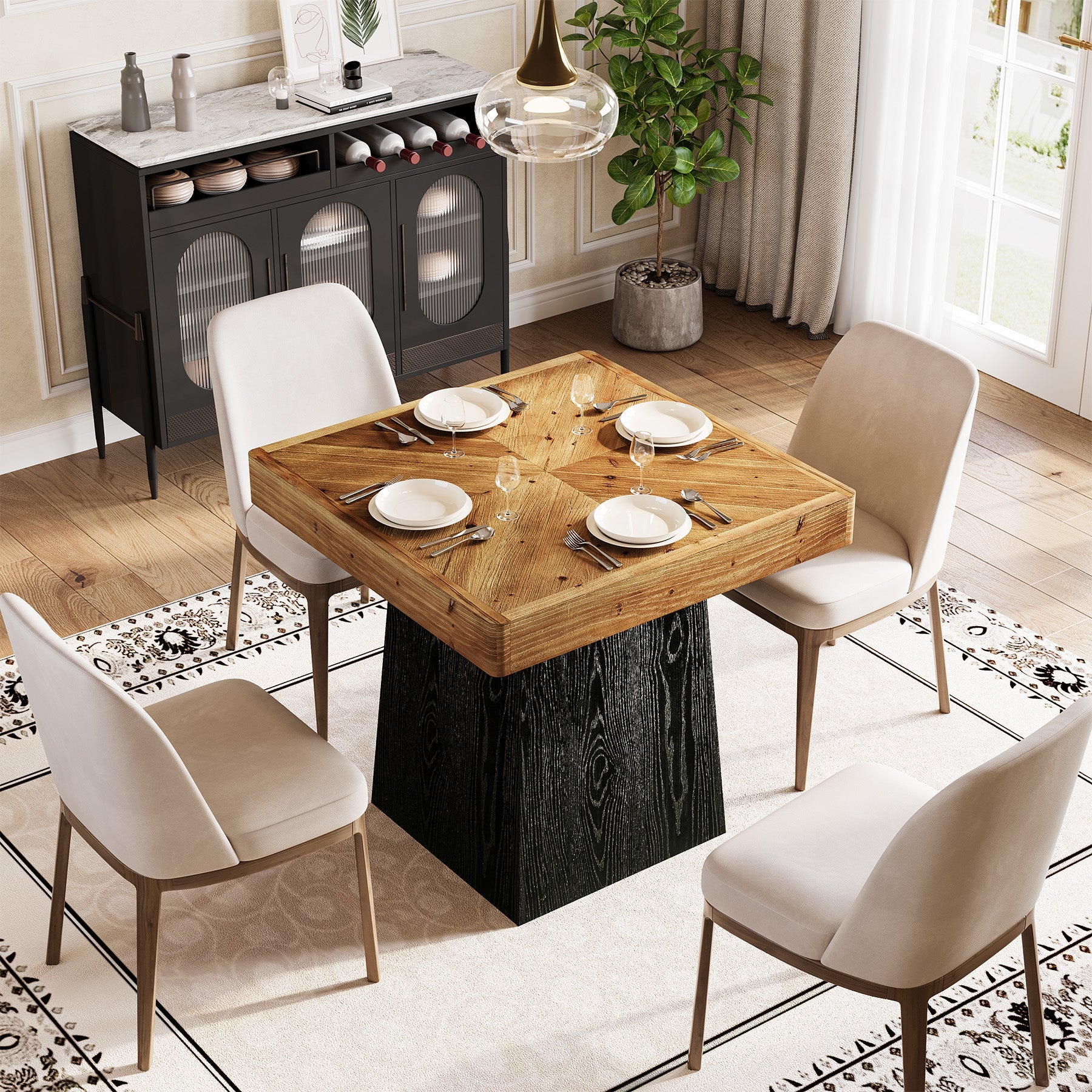 31" Solid Wood Square Dining Table for 2–4, Farmhouse Kitchen Table with Parquet Top & Tapered Base