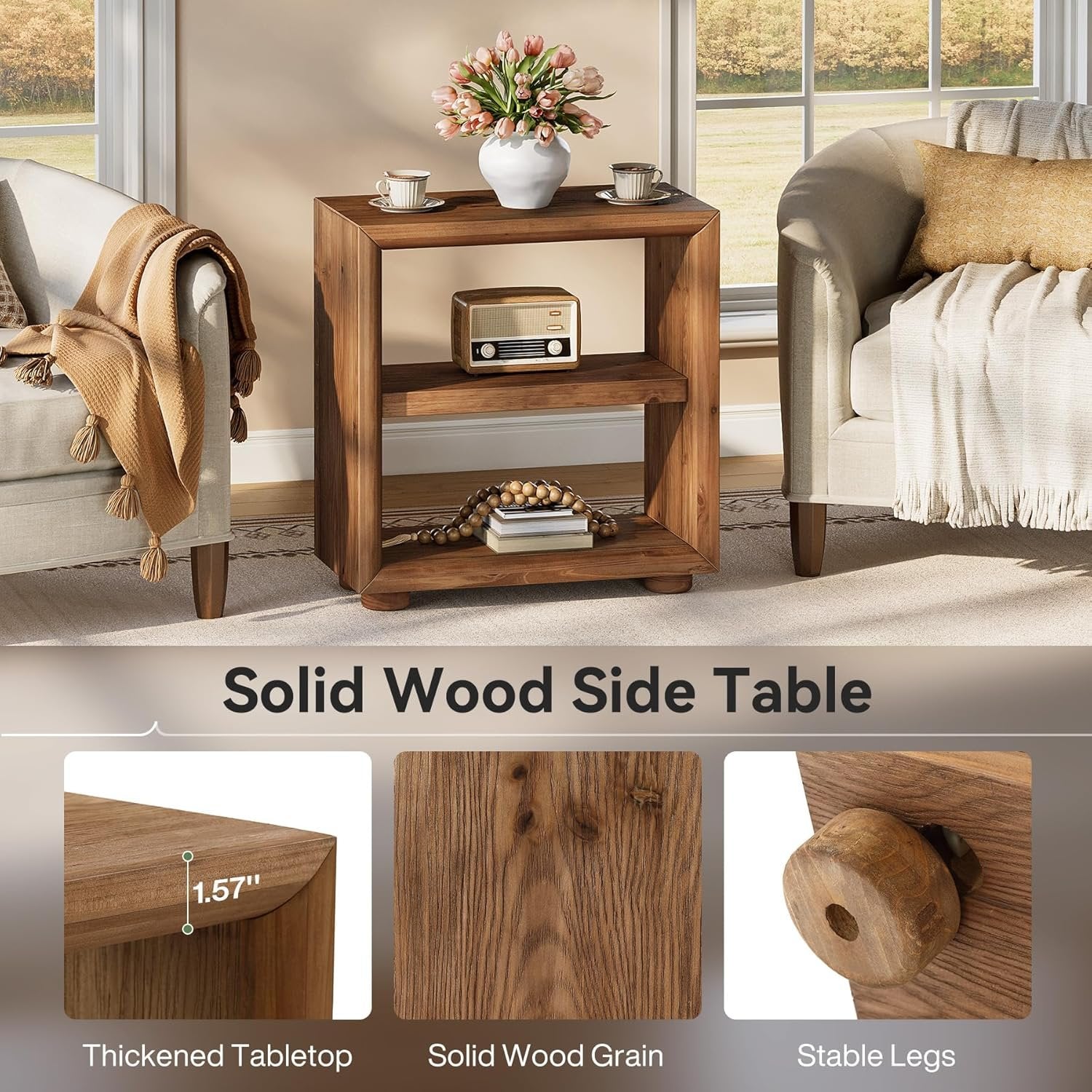 3-Tier End Table, Wood Side Table Nightstand with Storage Shelves