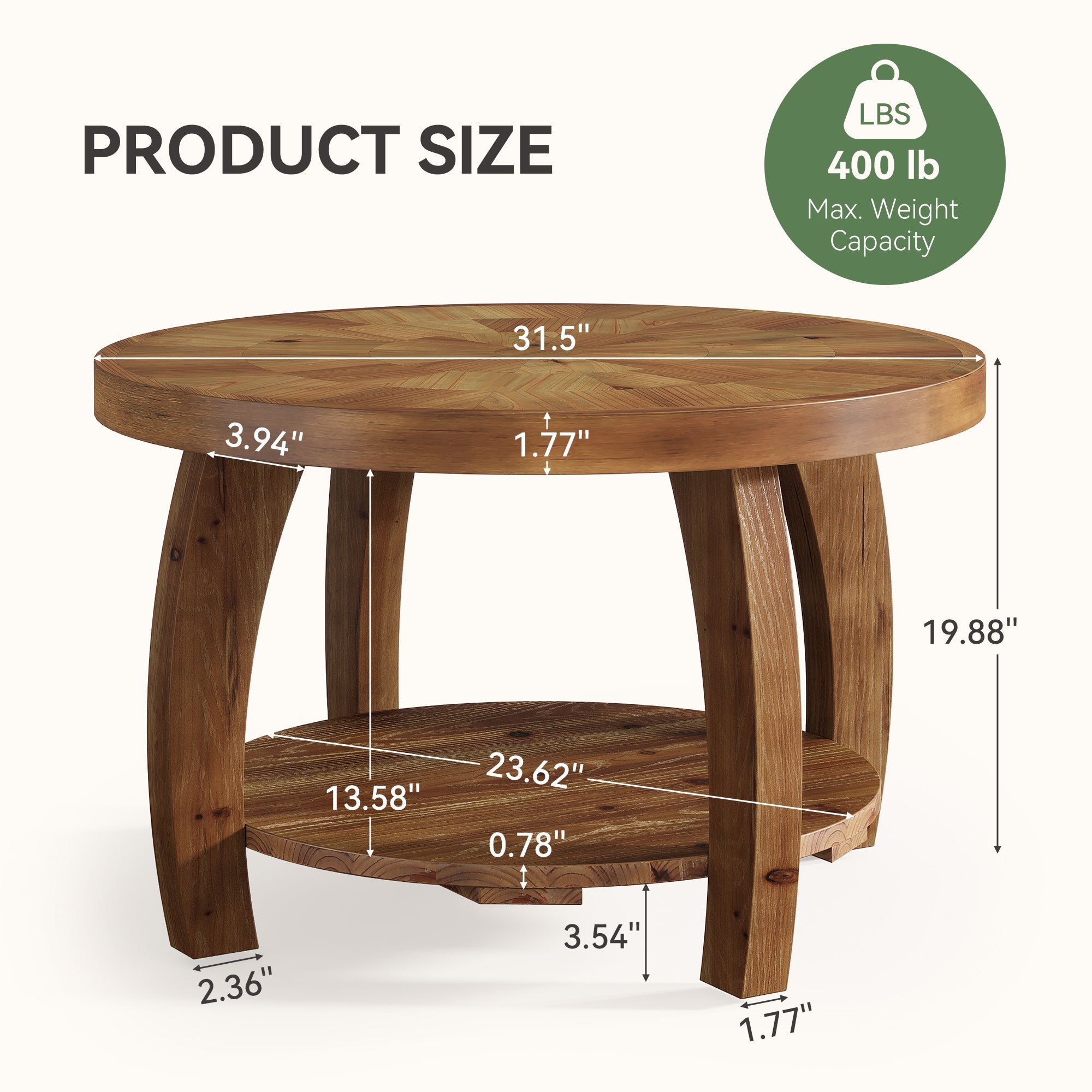 31.5" Round Coffee Table, 2-Tier Solid Wood Center Table with Mosaic Pattern