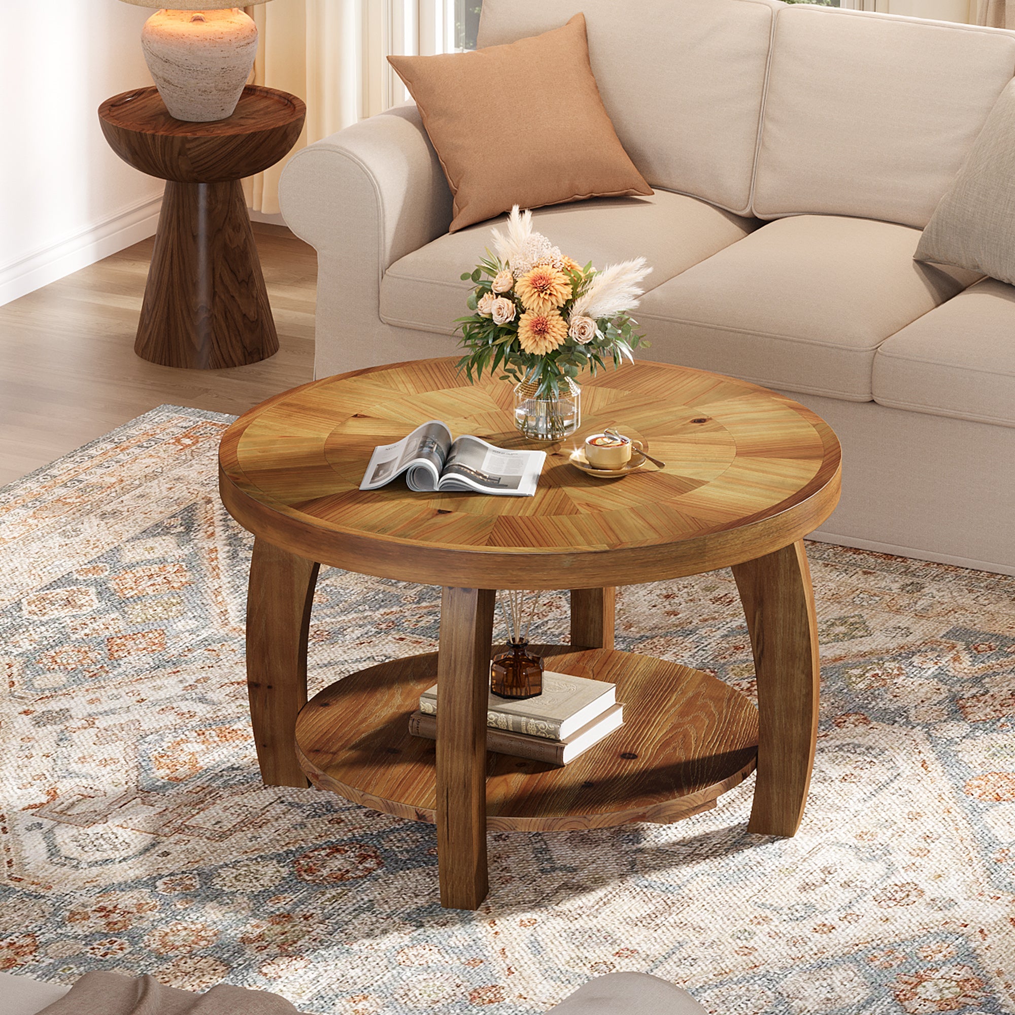 31.5" Round Coffee Table, 2-Tier Solid Wood Center Table with Mosaic Pattern