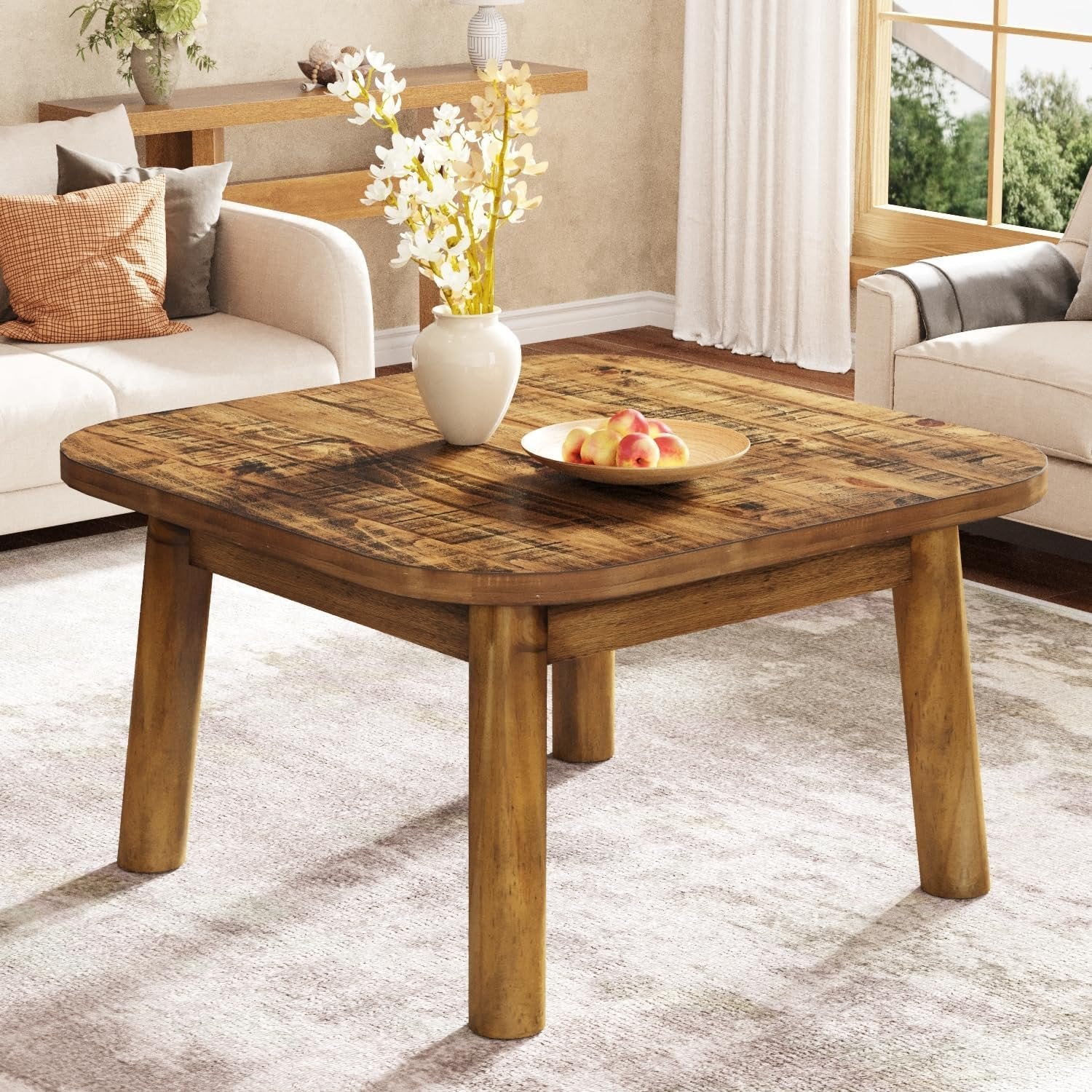 31.5" Square Coffee Table, Farmhouse Solid Wood Center Table with Rounded Corners