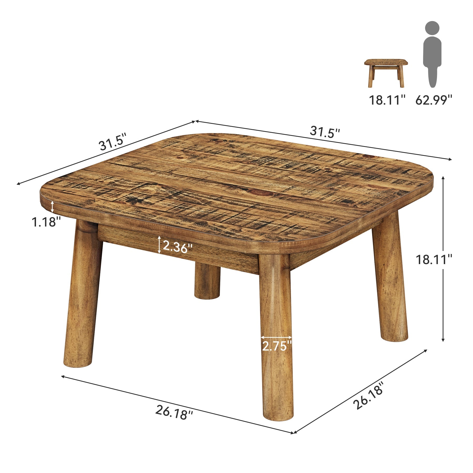 31.5" Square Coffee Table, Farmhouse Solid Wood Center Table with Rounded Corners
