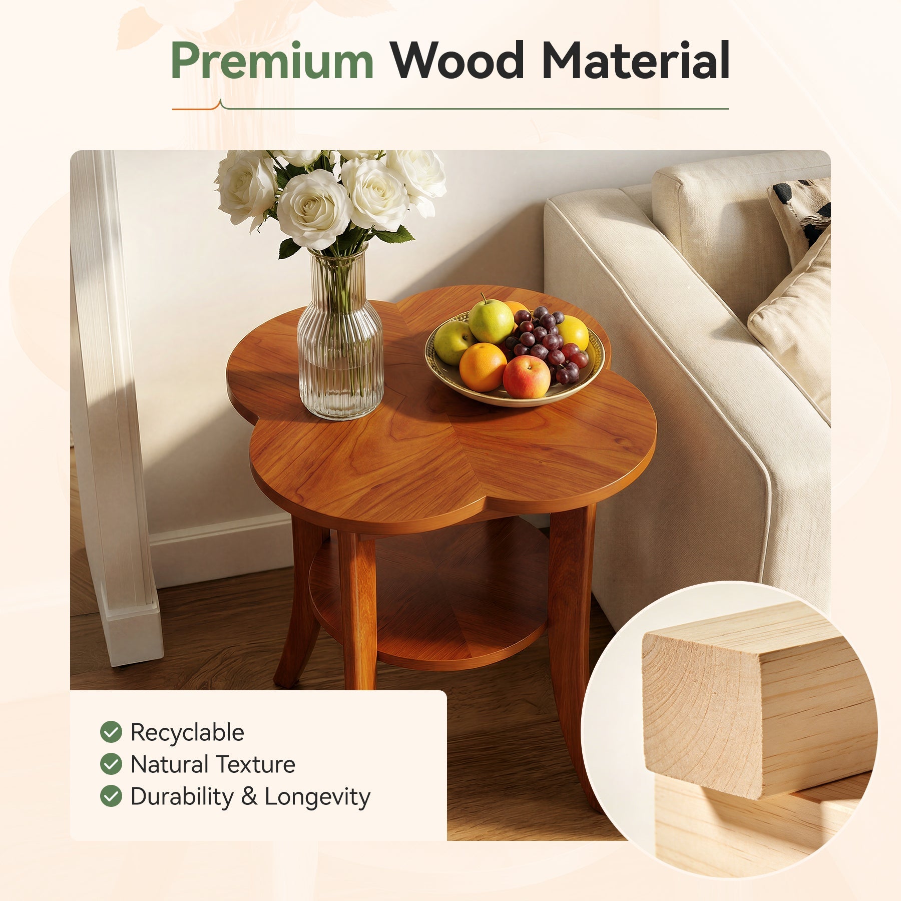 Solid Wood End Table, 2-Tier Sofa Side Table with Storage Shelf