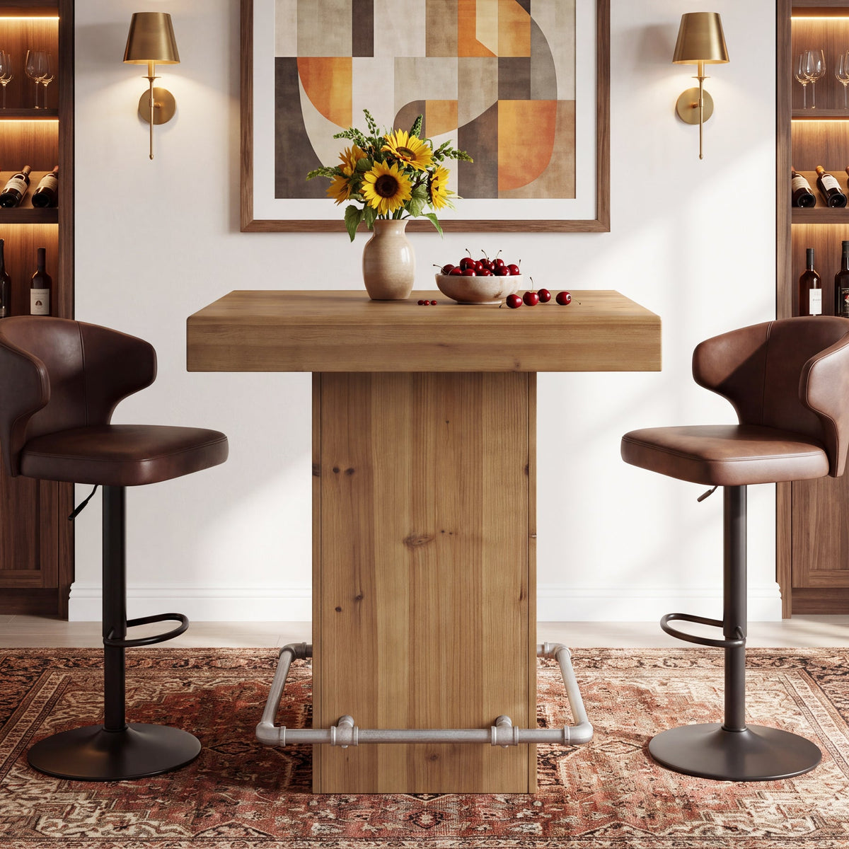 31.5" Square Solid Wood Bar Table, Industrial Counter Height Table with Metal Footrest