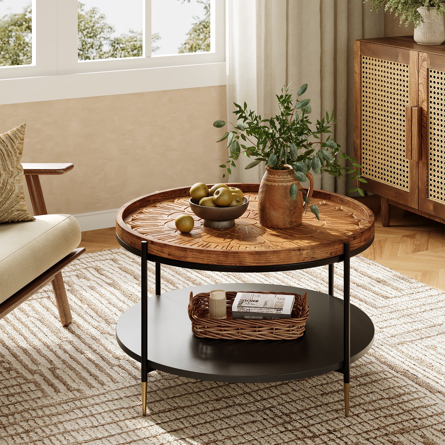 Solid Wood Round Coffee Table, 31.5" Center Tea Table with Metal Frame