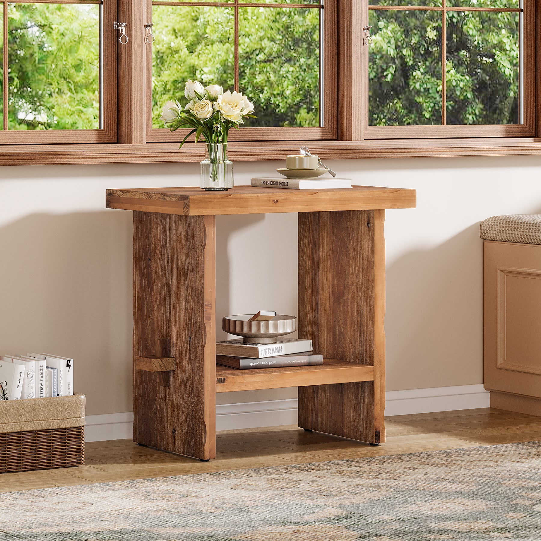 23.62-Inch Solid Wood Nightstand with Storage, Farmhouse Bedside Table with Wooden Base for Bedroom