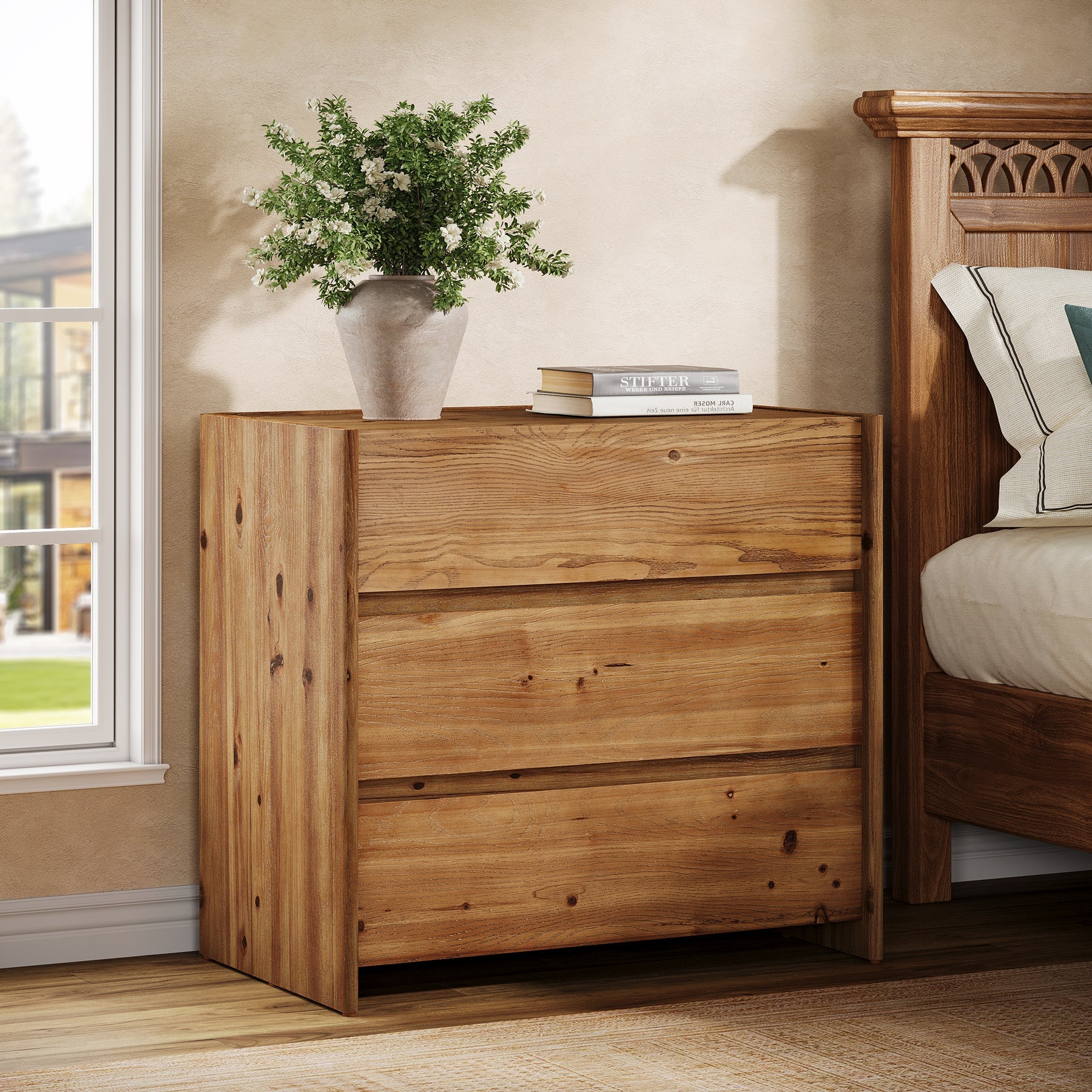 Oversized Solid Wood Nightstand, 31.5" Wide Bedside Table with 3 Drawers