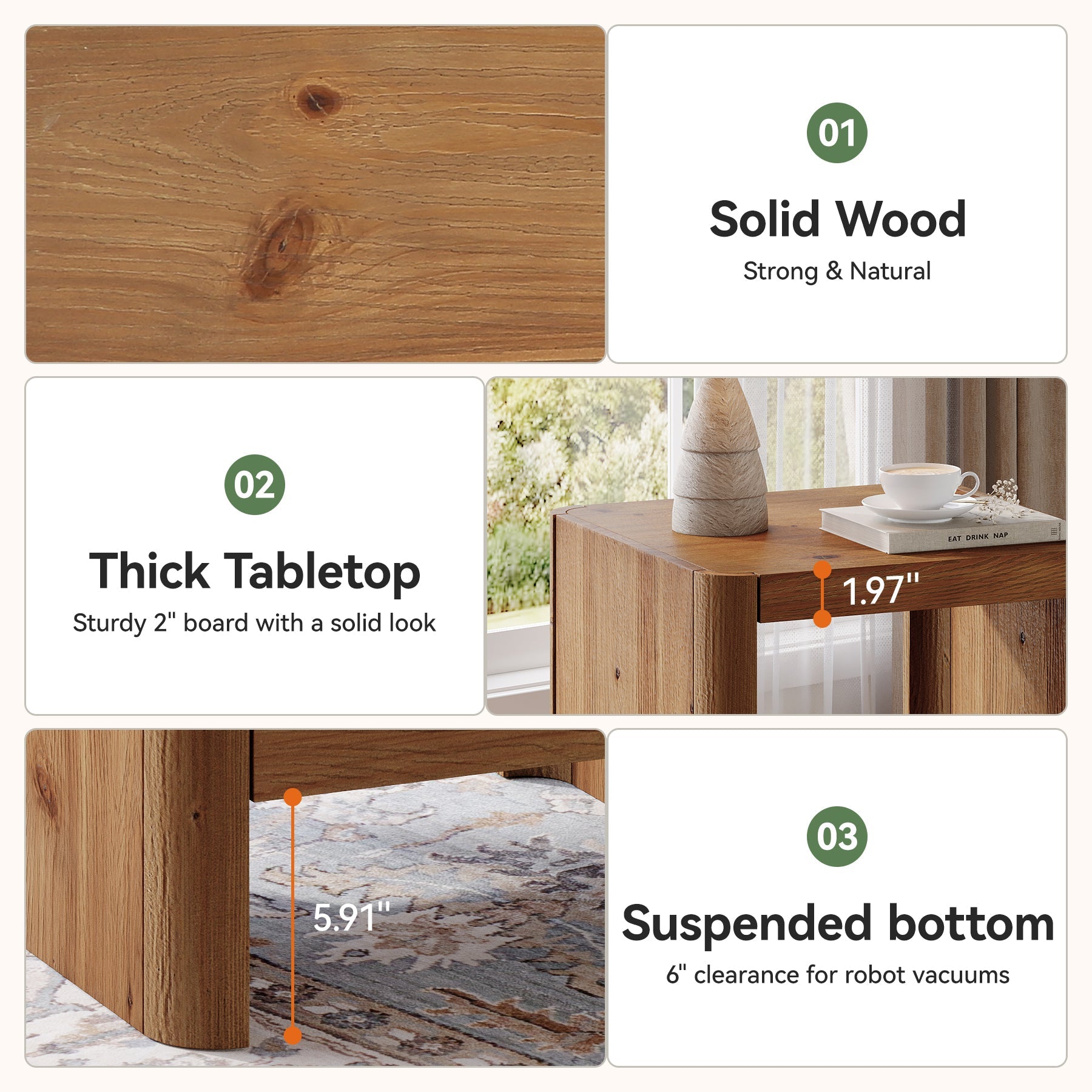 Solid Wood End Table, 2-Tier Side Table with Rounded Edges for Living Room