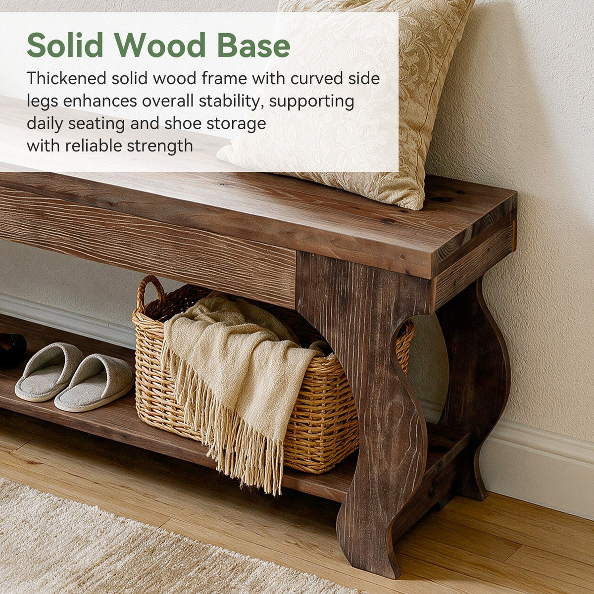 55" Solid Wood Entryway Bench with Storage Shelf, 2-Tier Farmhouse End of Bed Seat