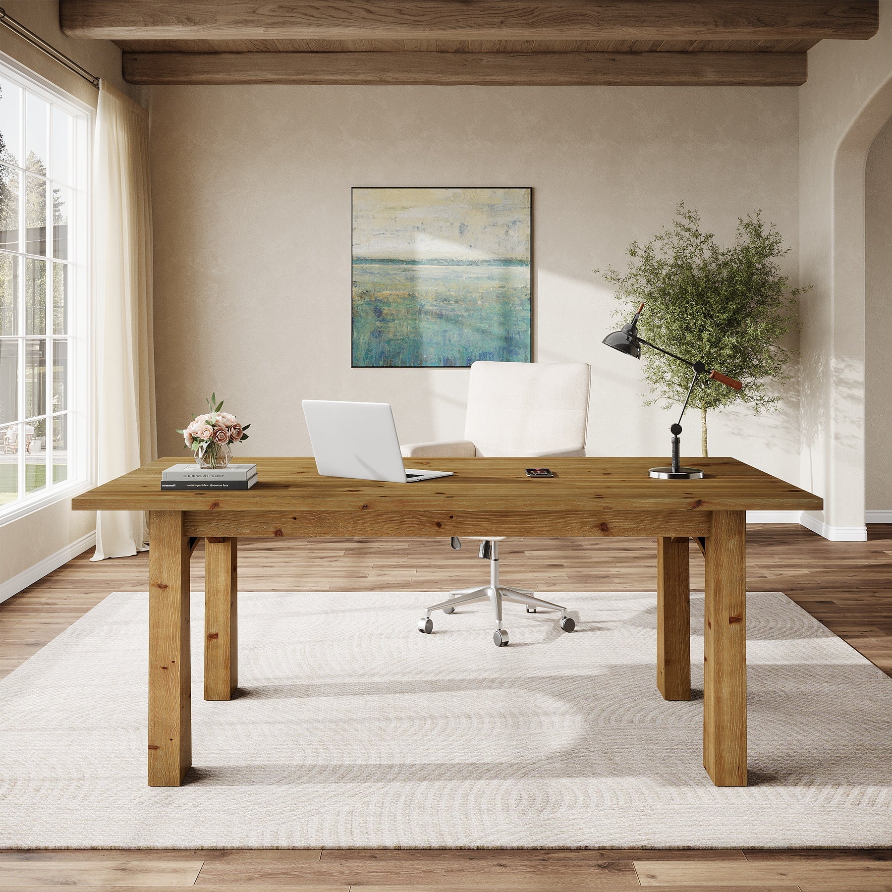 Solid Wood Executive Desk, 63" Computer Desk with Sturdy Wooden Legs