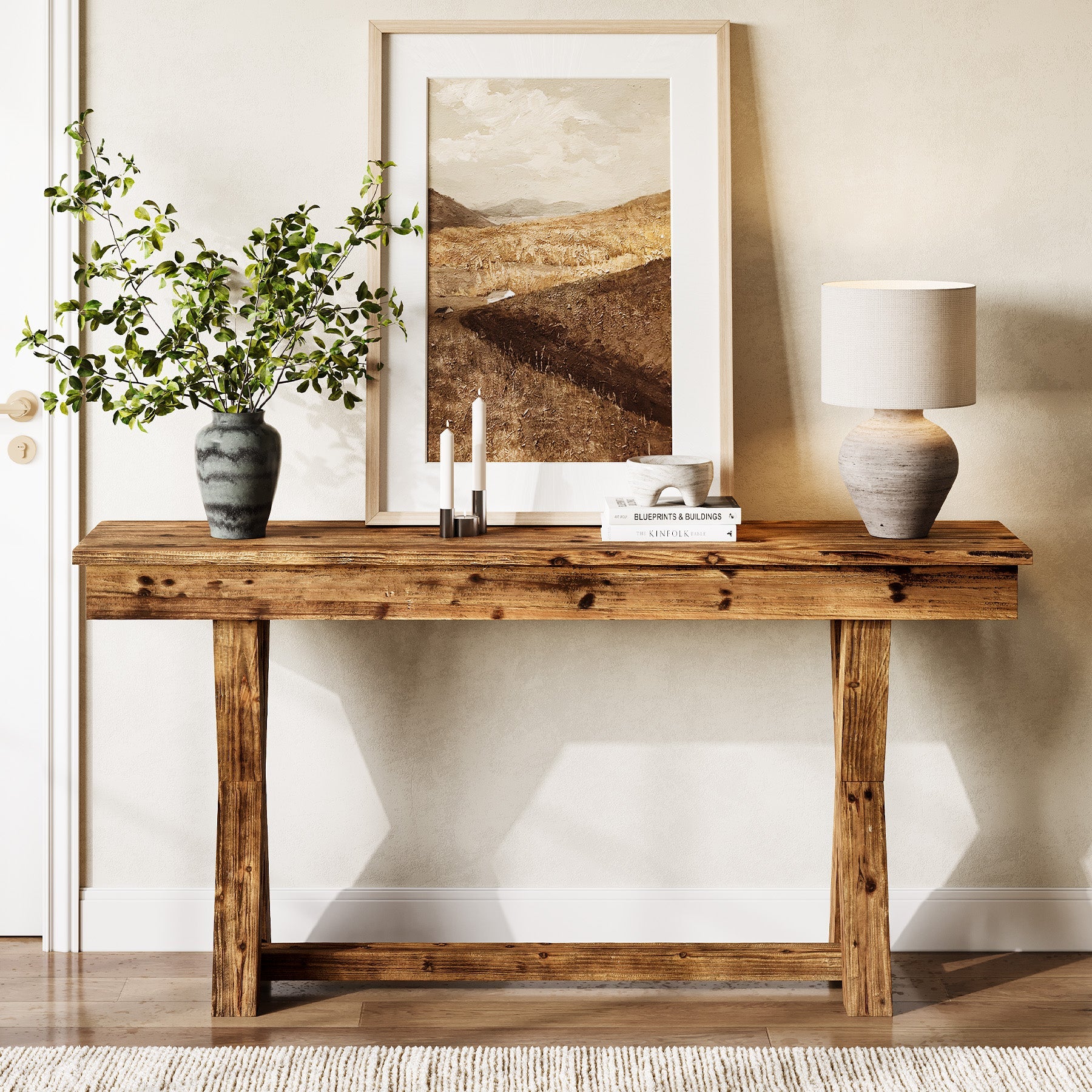 Solid Wood Console Table, 63" Sofa Entryway Table with X-Shaped Legs