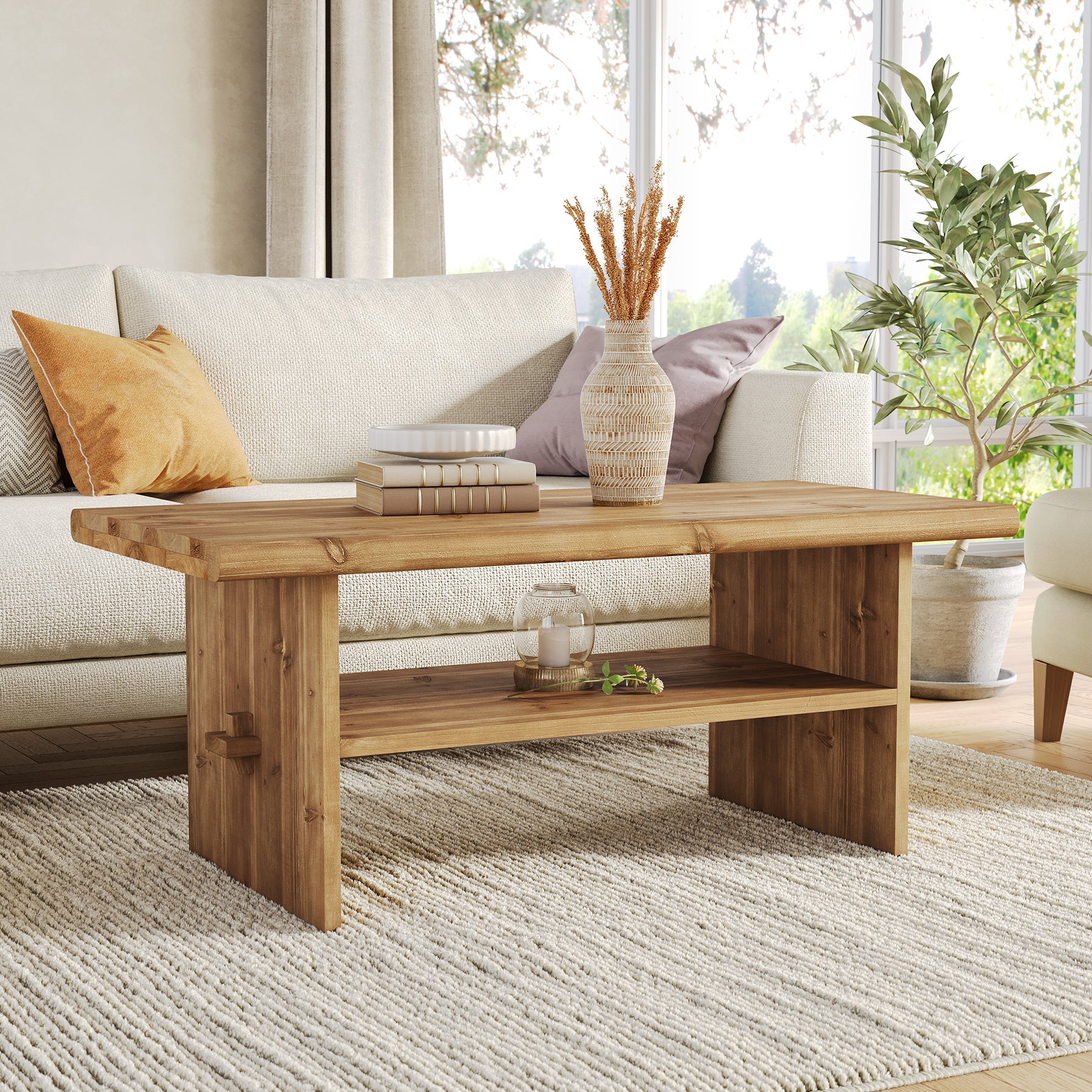 47" Wood Coffee Table, 2-Tier Rectangular Center Table Accent Table