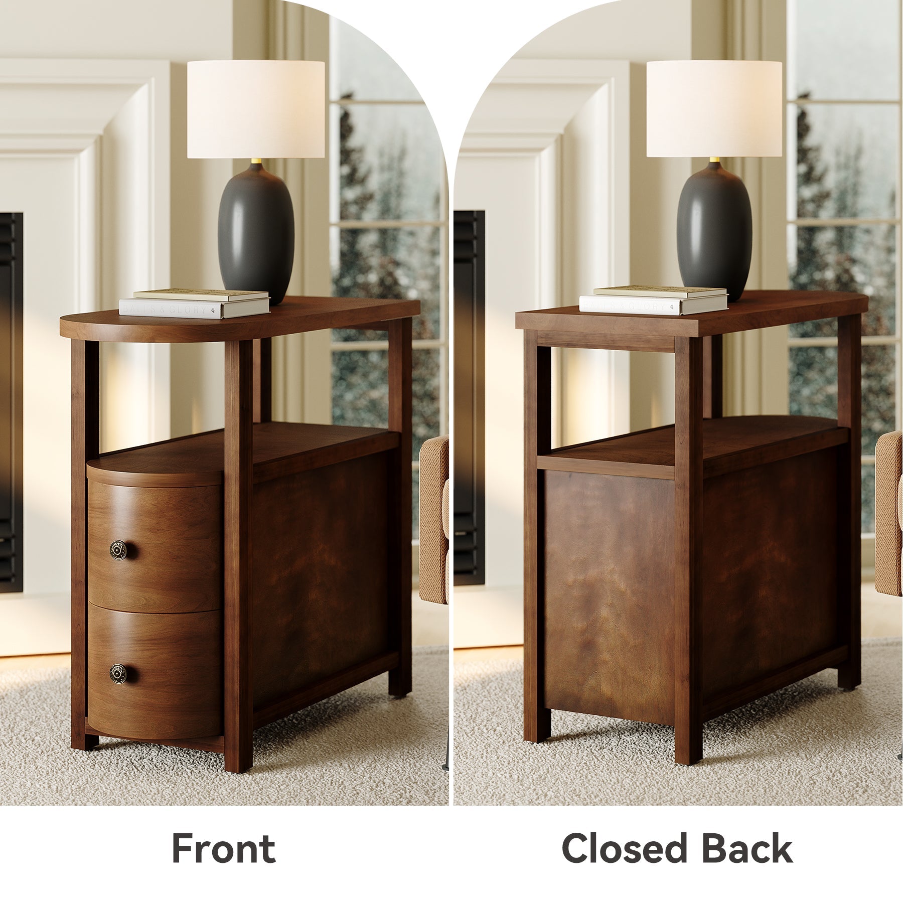 Solid Wood End Table, Slim Side Table with 2 Drawers & Open Shelf