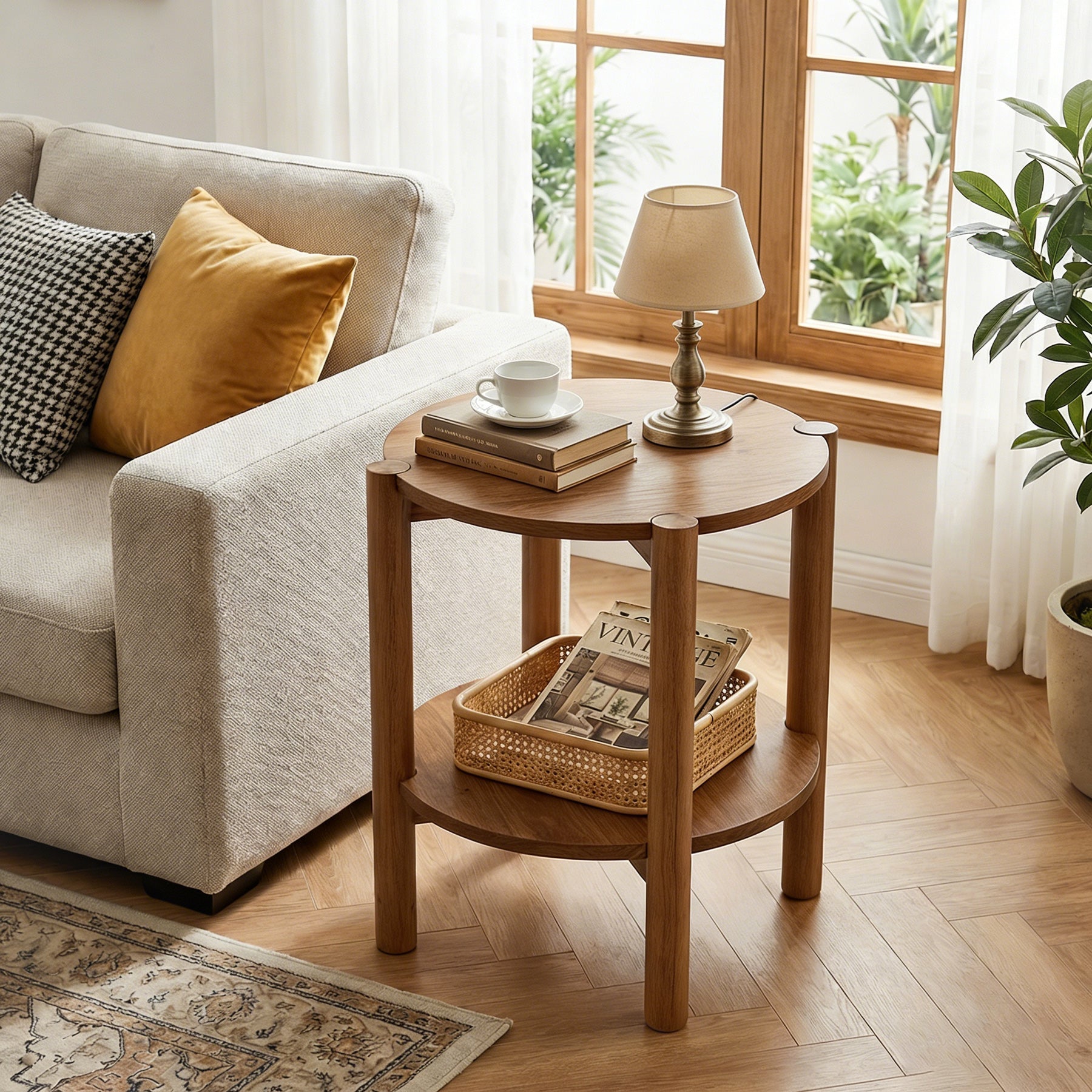 Solid Wood Round End Table, 2-Tier Small Side Table with Storage Shelf