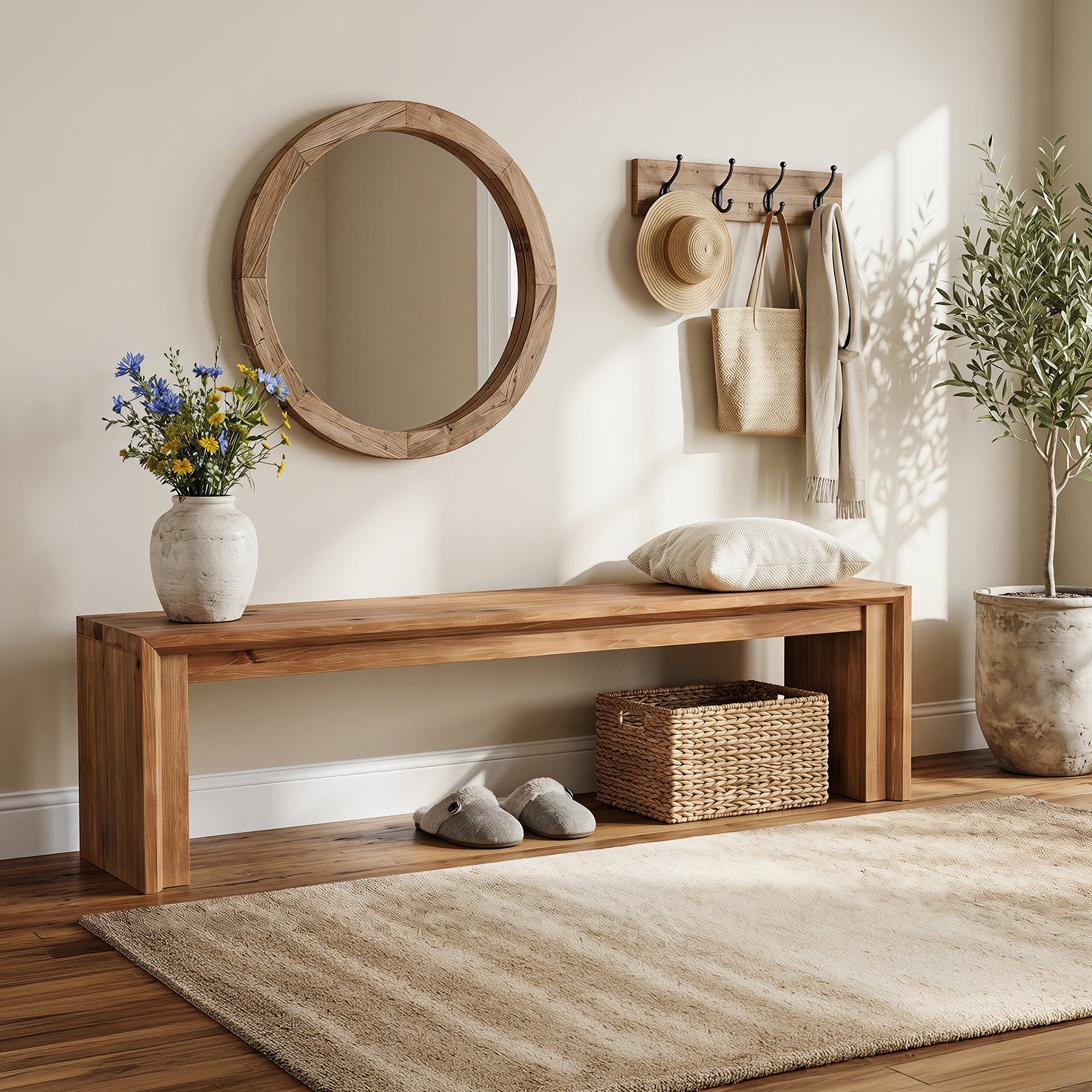 63" Solid Wood Entryway Shoe Bench, Farmhouse End of Bed Bench for 2-3 People