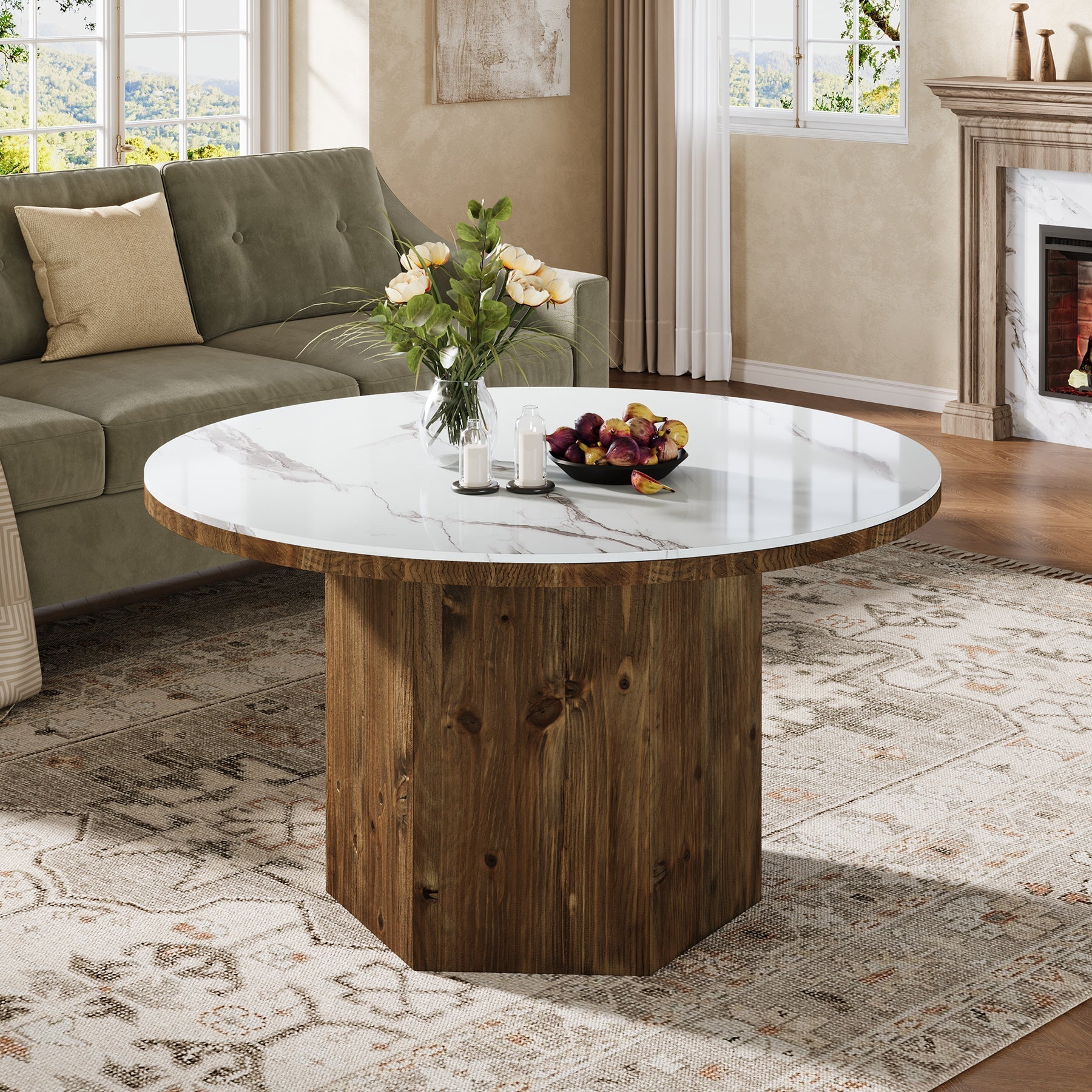 31.5" Round Coffee Table with Sintered Stone Top and Solid Wood Base