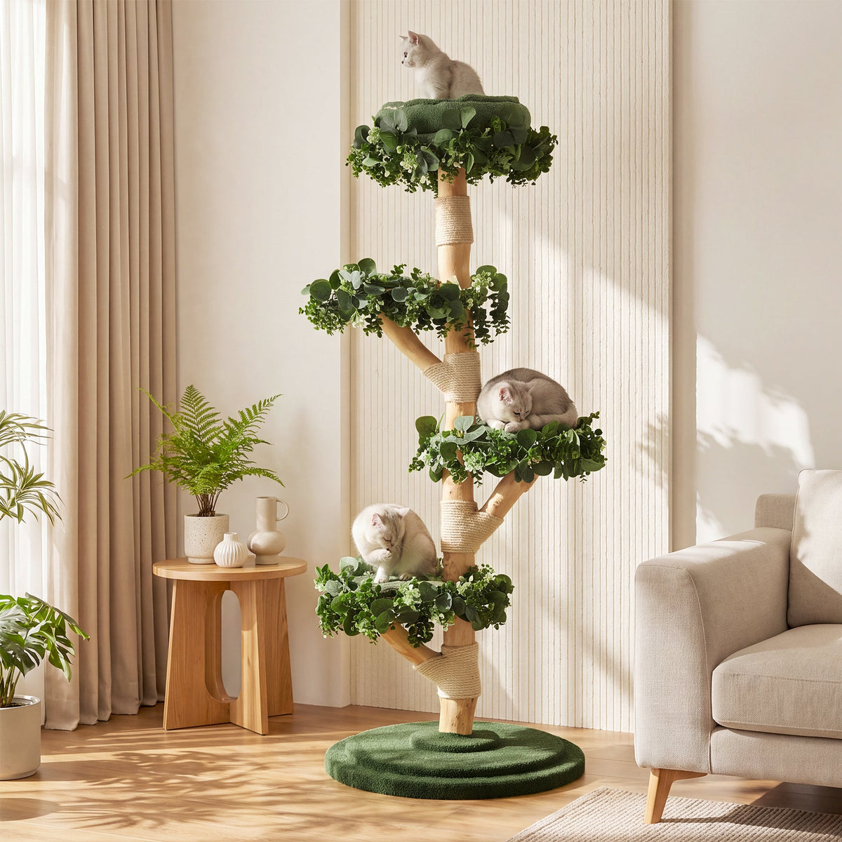 Solid Wood Cat Tree, 59.06" Tall Cat Tower with Sisal Scratching Posts, Washable & Removable Cushions