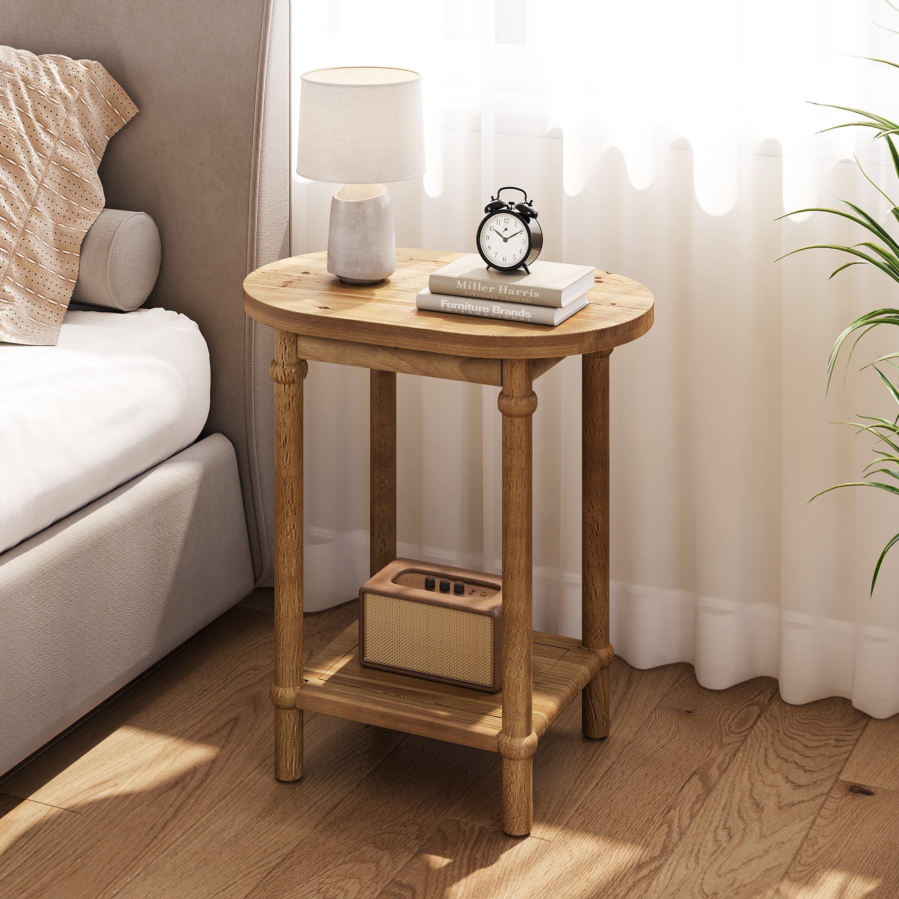Solid Wood End Table, 2-Tier Oval Side Table with Storage Shelves
