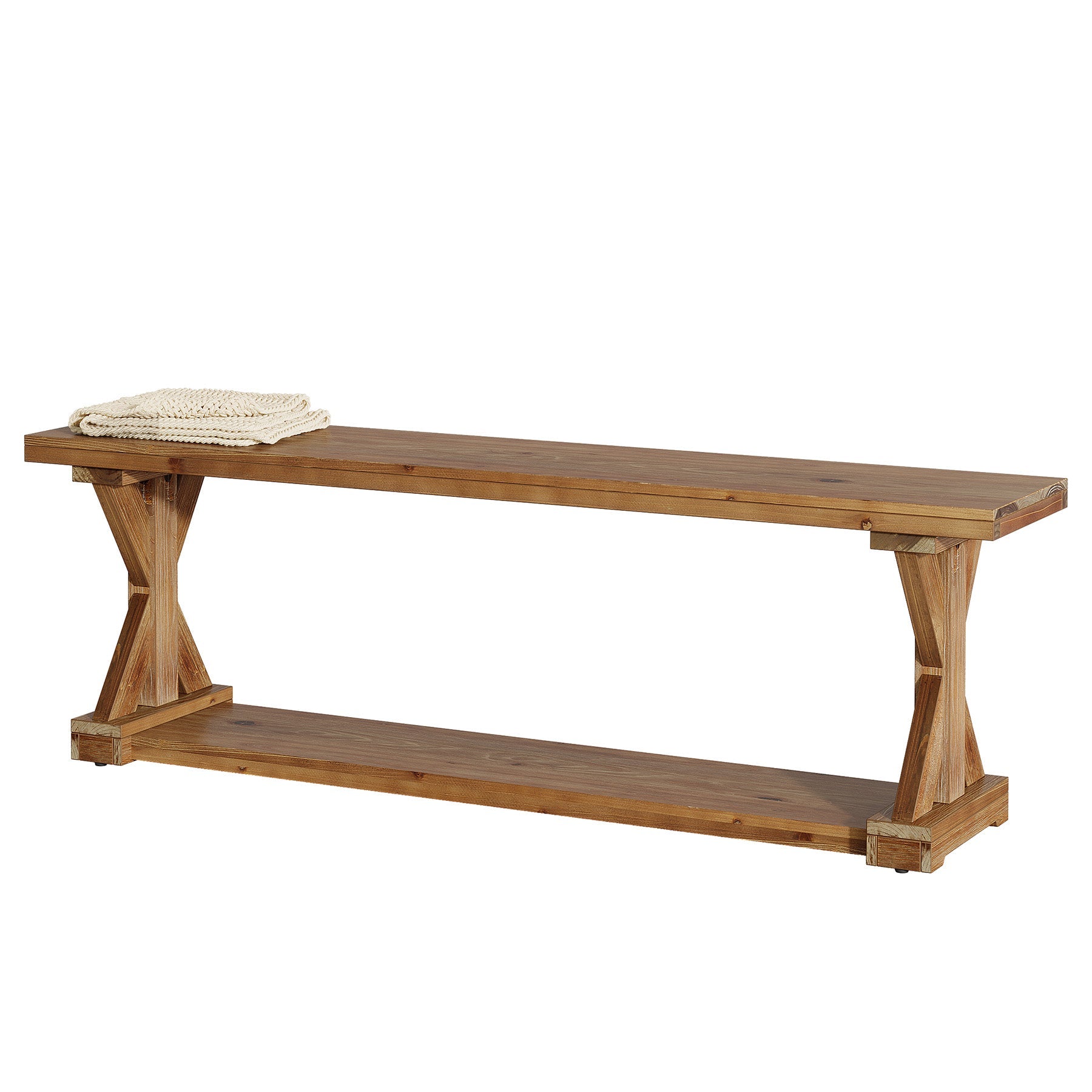 59" Solid Wood Entryway Bench, 2-Tier Foyer Shoe Bench with Open Shelf