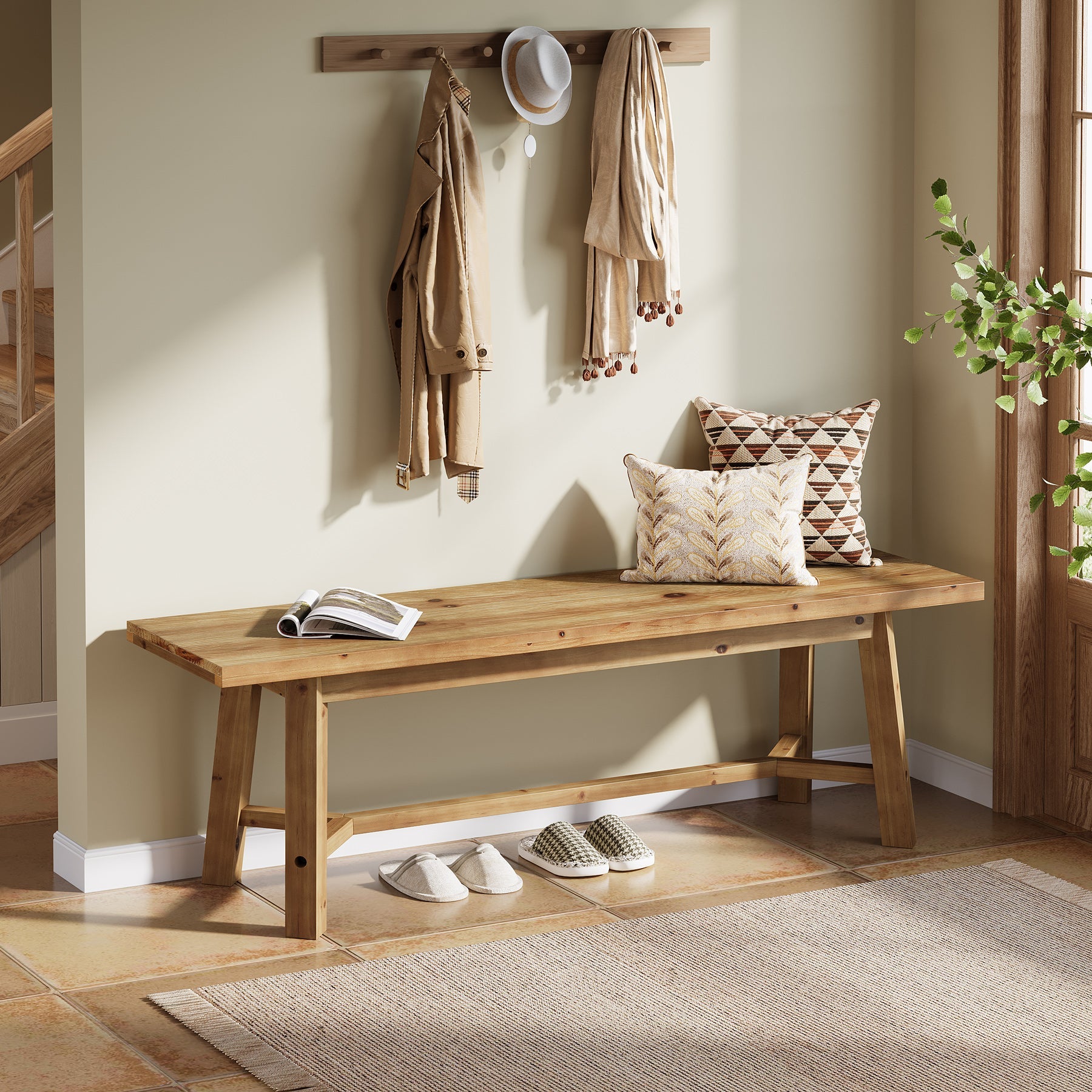 55" Solid Wood Bench, Farmhouse Long Bench Seat for Entryway