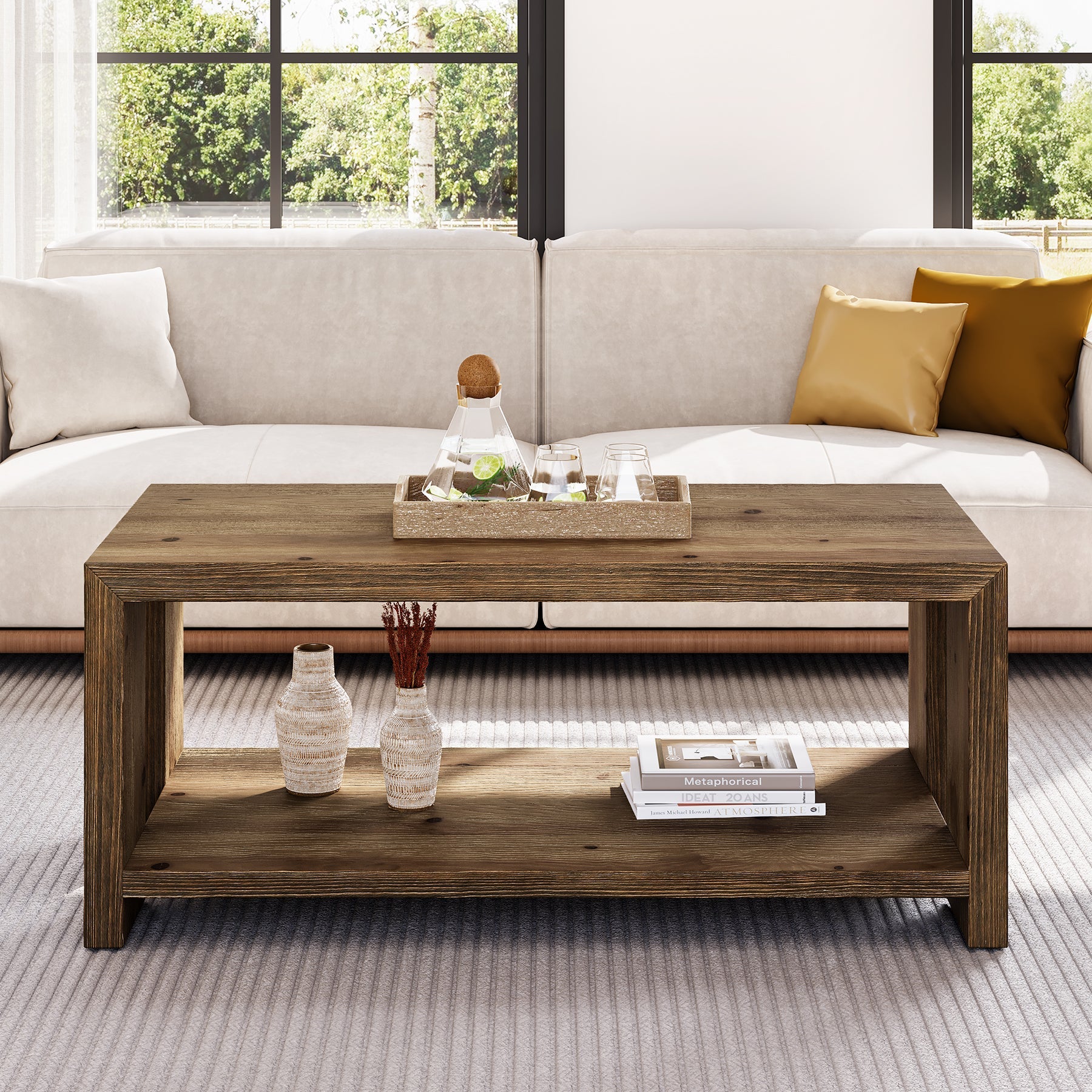 Solid Wood Coffee Table, 47.24" Accent Center Tea Table with Storage