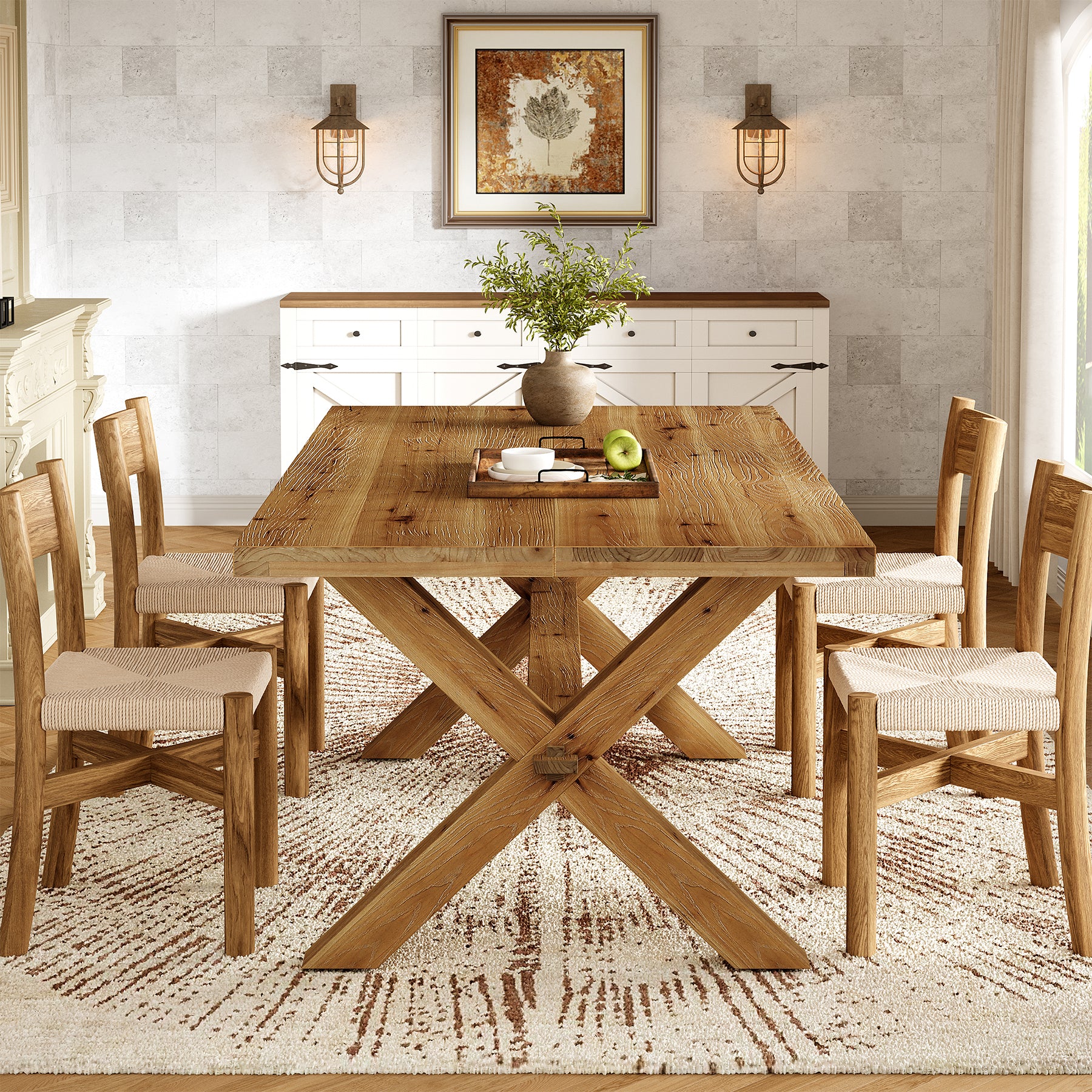 63" Rectangle Dining Table, Farmhouse Solid Wood Kitchen Table with Large Tabletop for 4-6