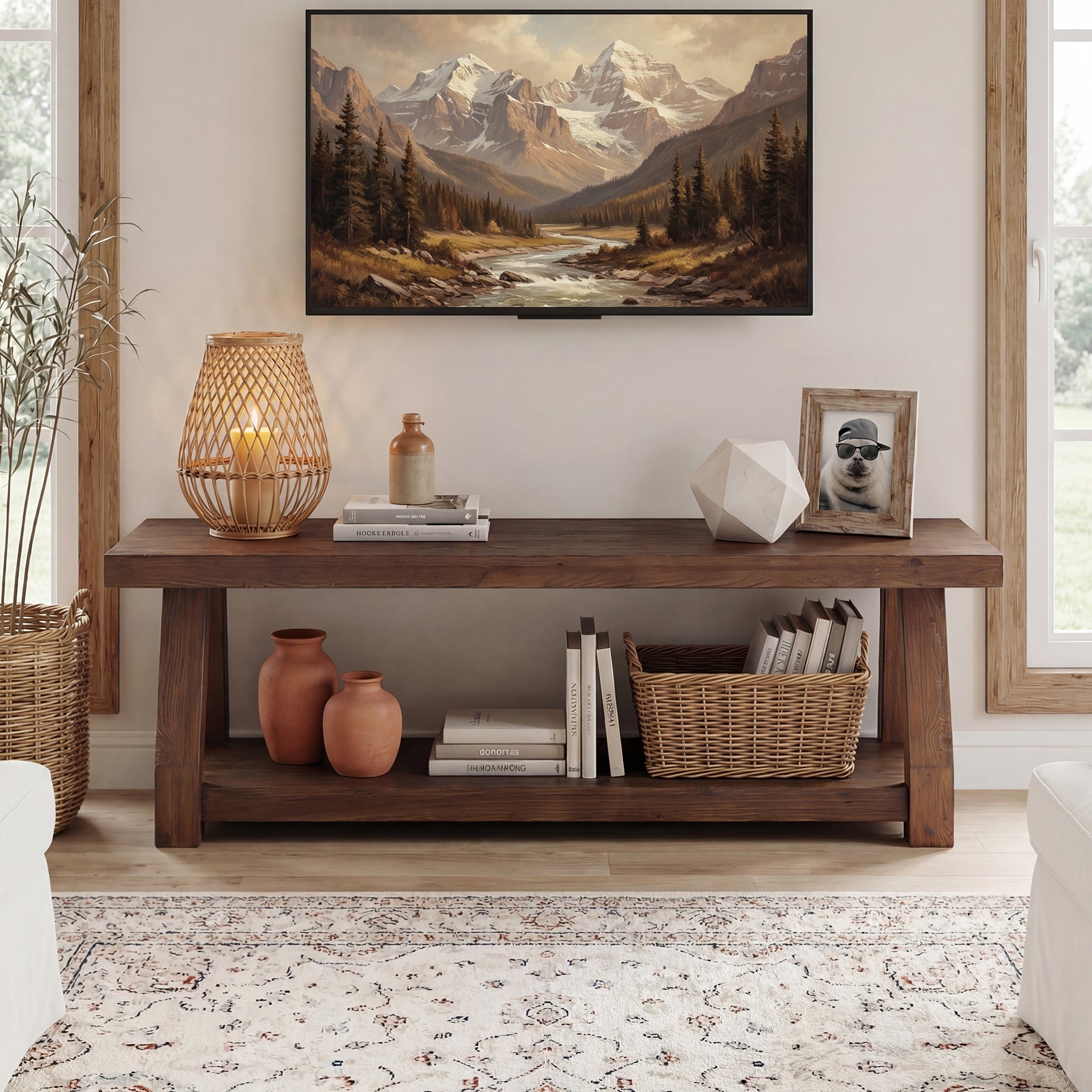 63" Solid Wood TV Stand for 65-75" TVs, Farmhouse Media Console with Open Shelf, Rustic Entertainment Center for Living Room