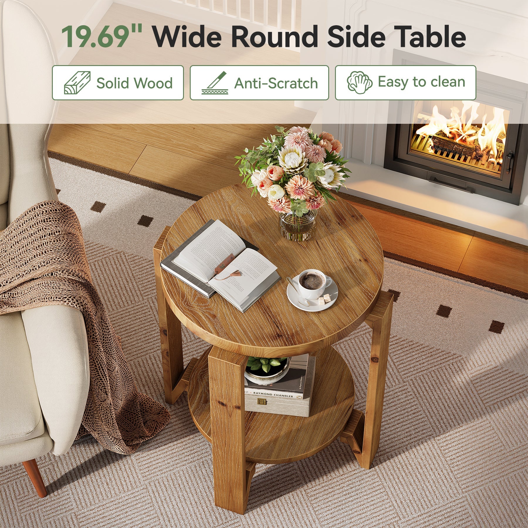 Solid Wood End Table, 2-Tier Round Sofa Side Table Nightstand with Storage