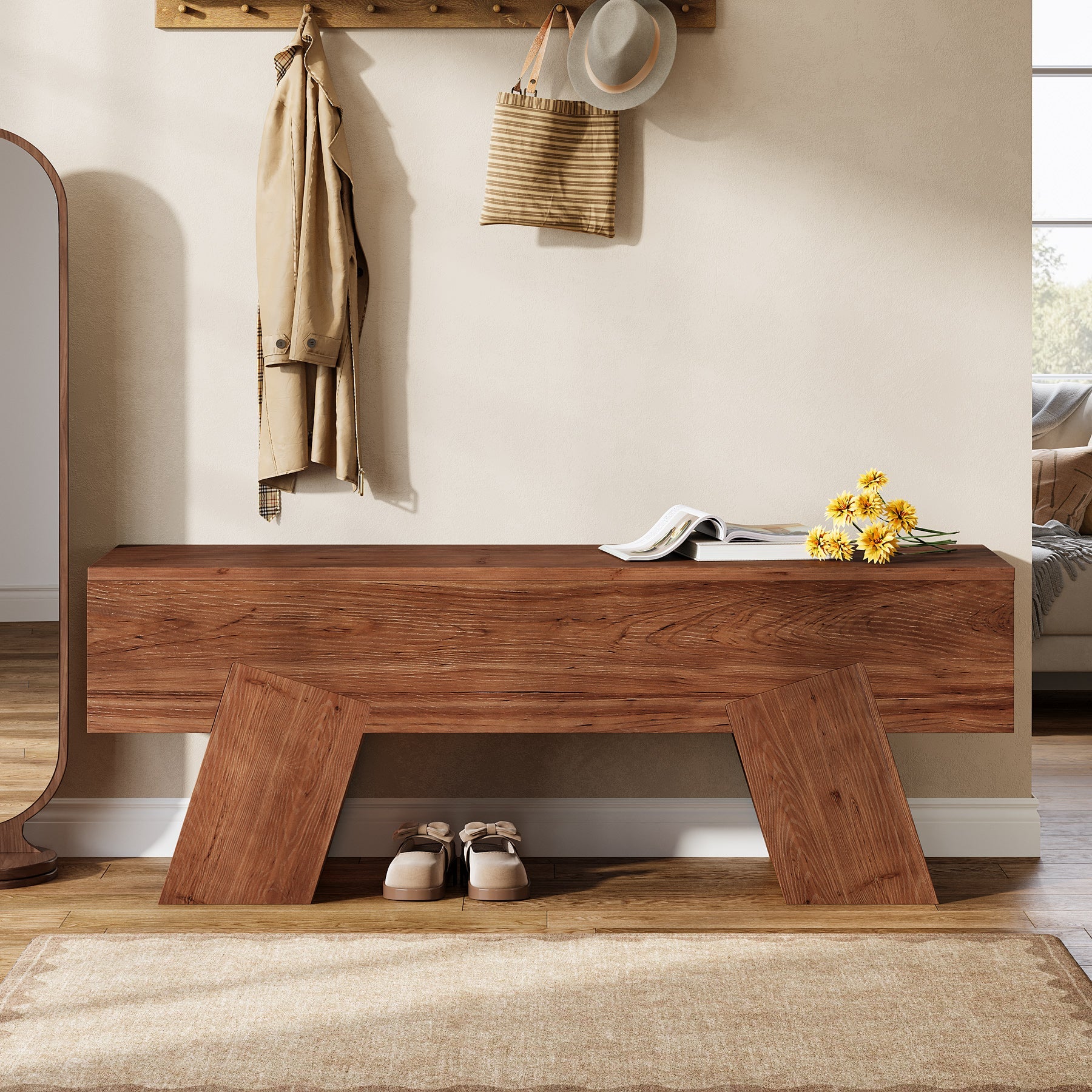 47" Solid Wood Shoe Bench, Indoor End of Bed Bench with Sturdy Legs