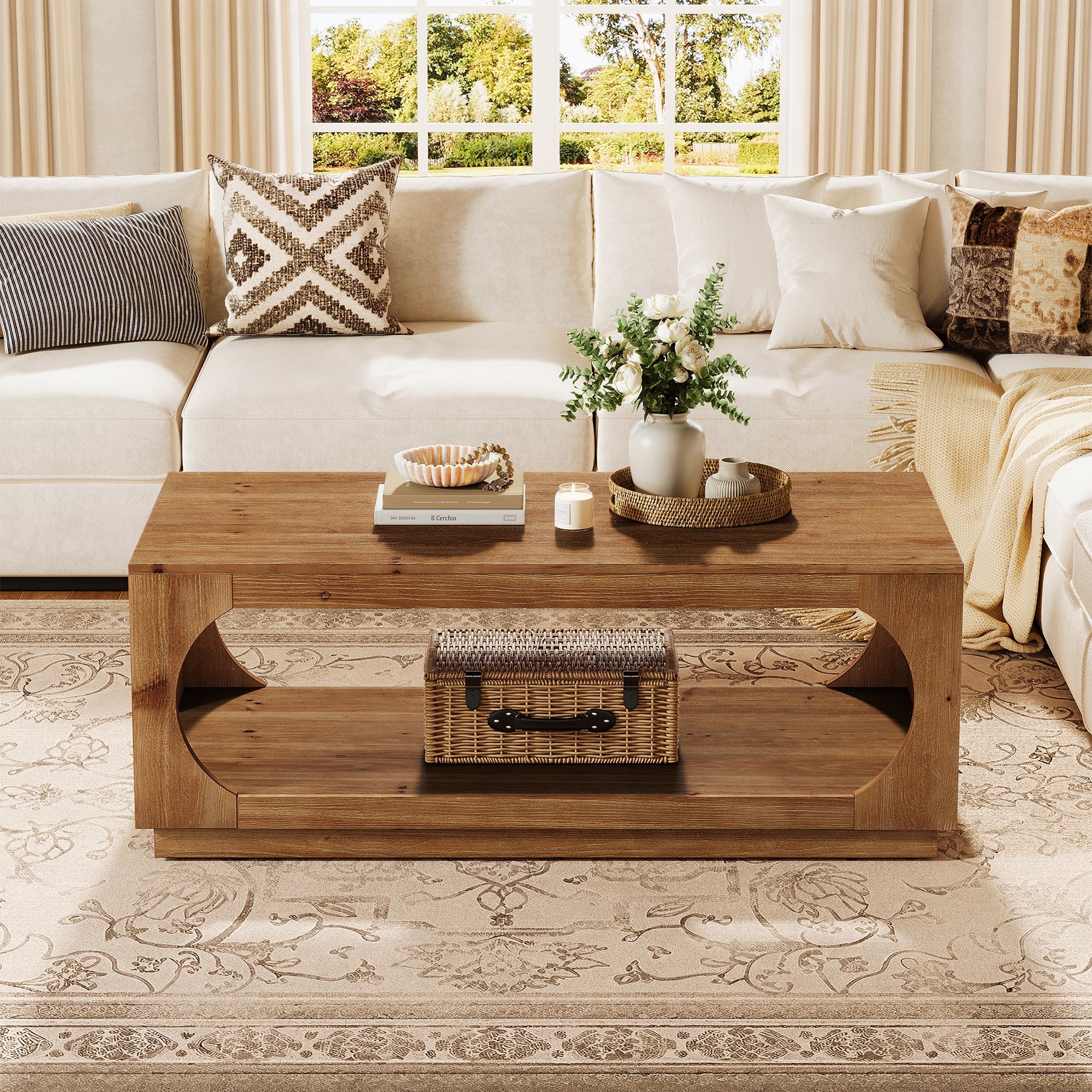 2-Tier Solid Wood Coffee Table, 47.2" Farmhouse Center Tables with Storage