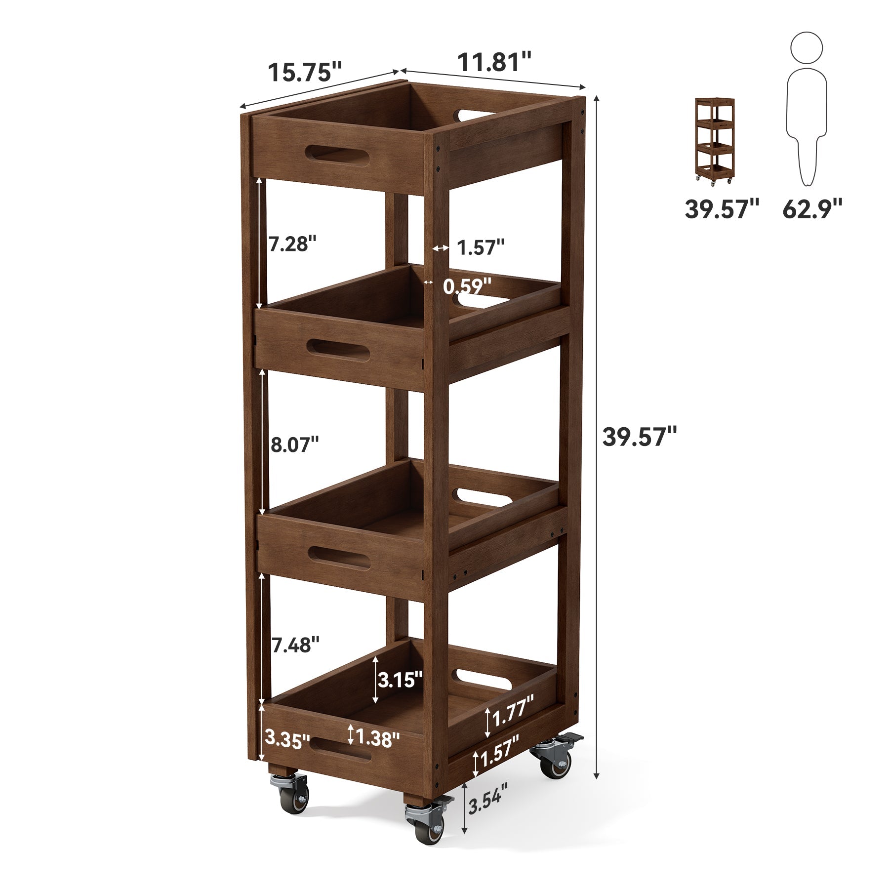 4-Tier Slim Storage Cart, Solid Wood Kitchen Rolling Cart Utility Organizer Shelving Unit