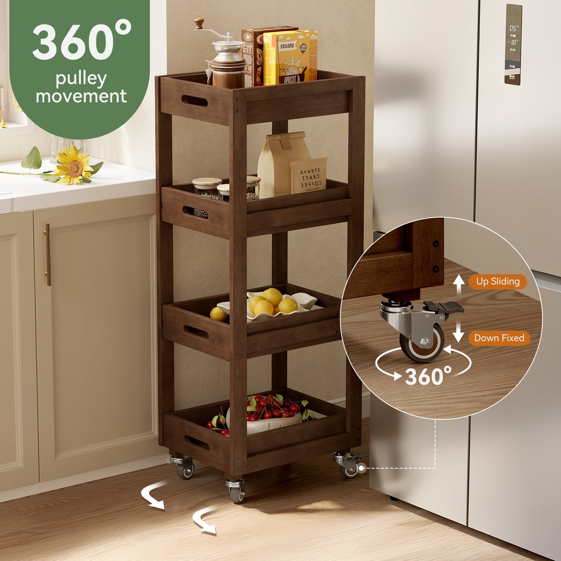 4-Tier Slim Storage Cart, Solid Wood Kitchen Rolling Cart Utility Organizer Shelving Unit
