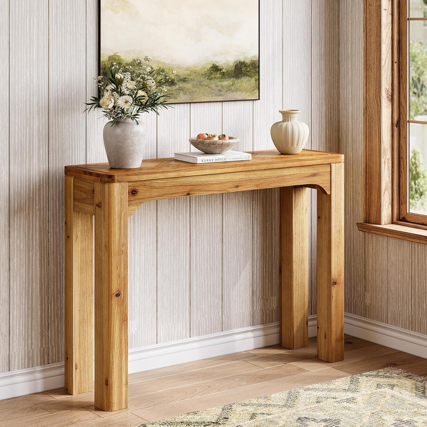 41.3" Wood Sofa Table, Farmhouse Entryway Console Table with Exquisite Parquet Top