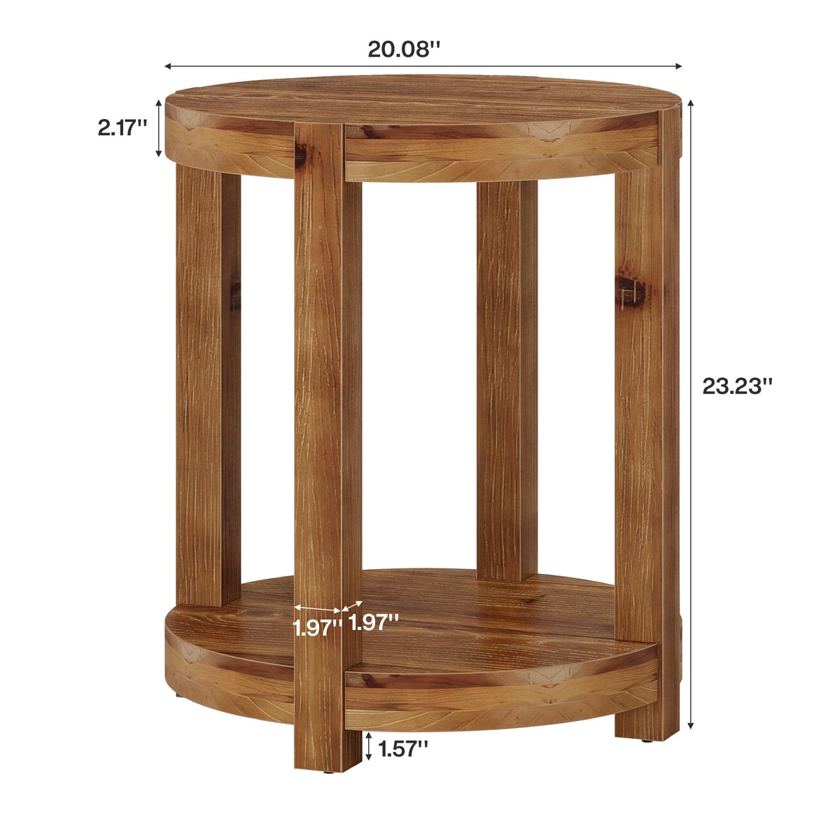 20.08" Round Solid Wood End Table, 2-Tier Side Table with Storage Shelf for Living Room
