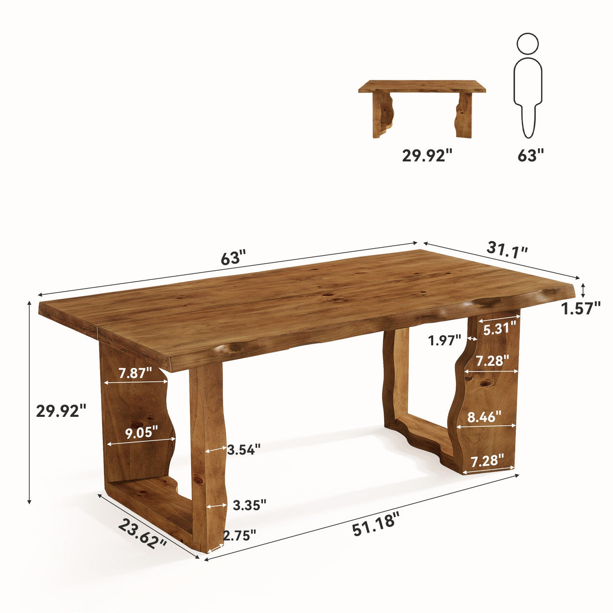63" Solid Wood Live Edge Dining Table for 6, Rustic Modern Kitchen & Dining Room Table with Sculptural Legs