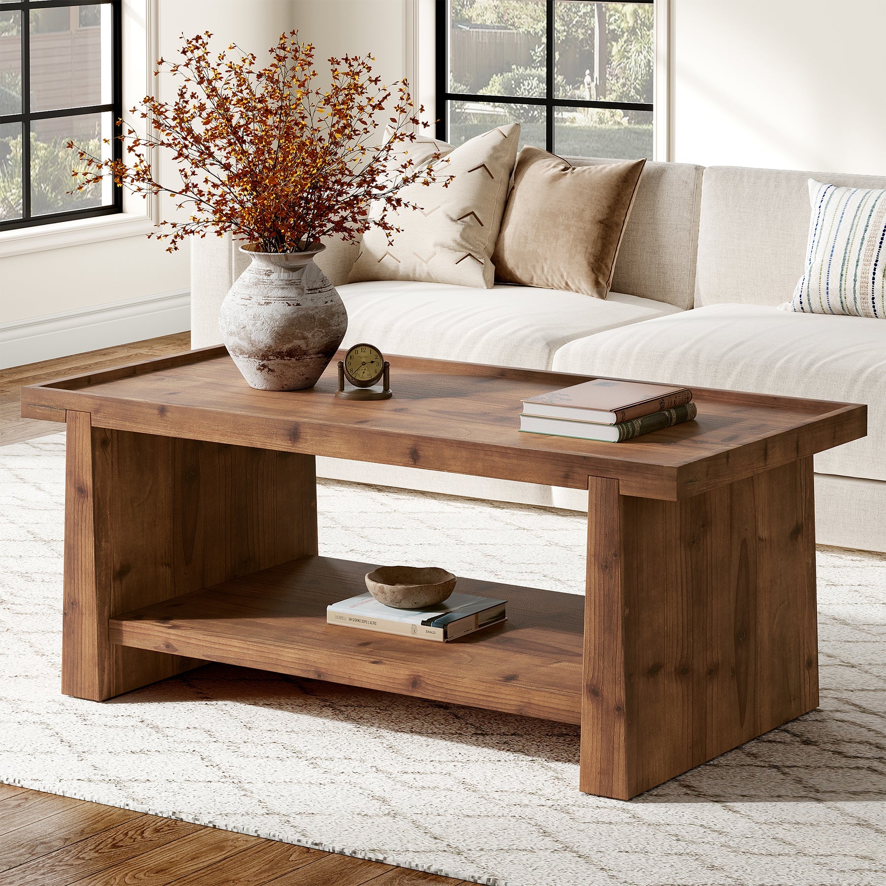 47" Wood Coffee Table, Farmhouse Center Table with 2-Tier Open Storage