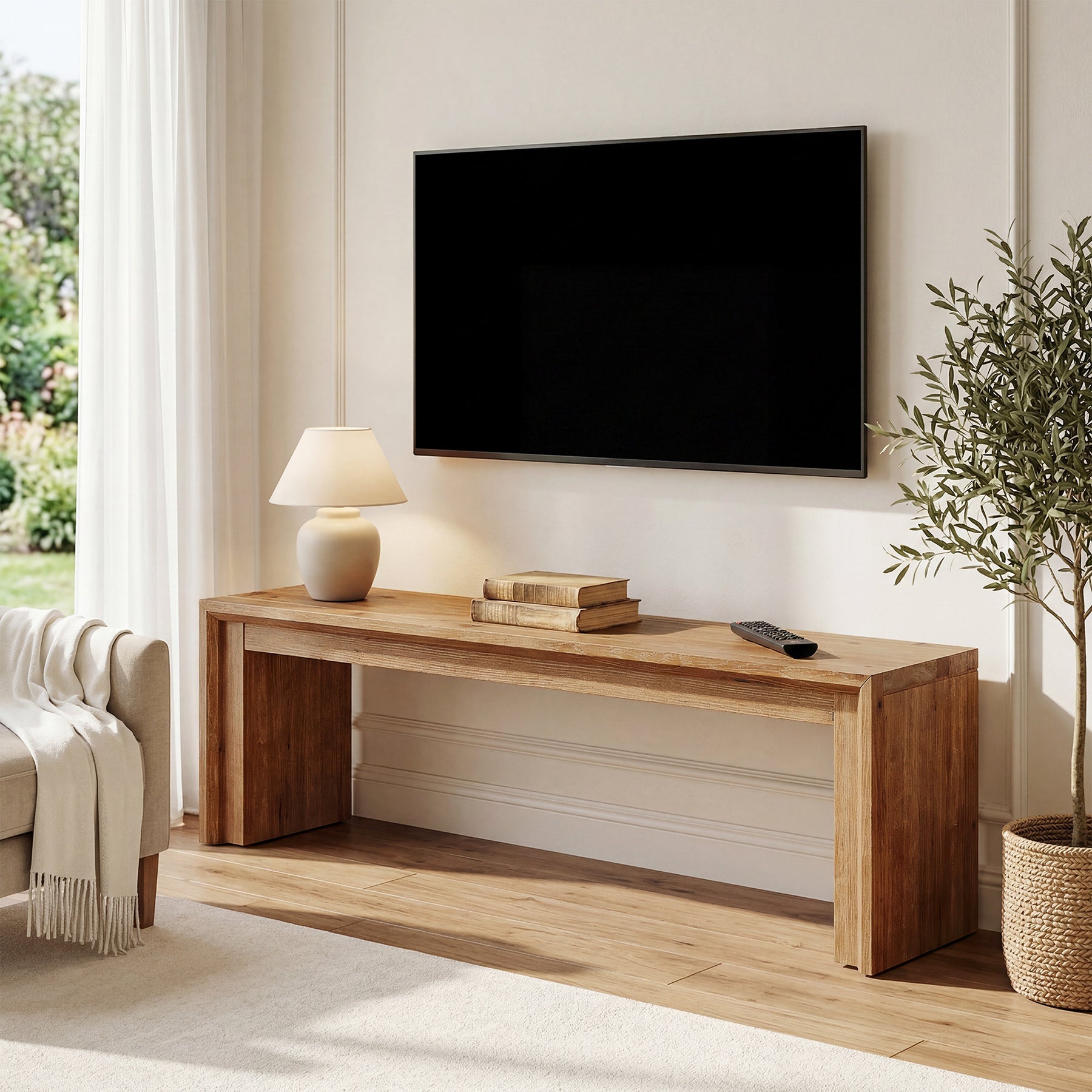 63" Solid Wood TV Stand for 65" TV, Farmhouse Entertainment Center Low Media Console