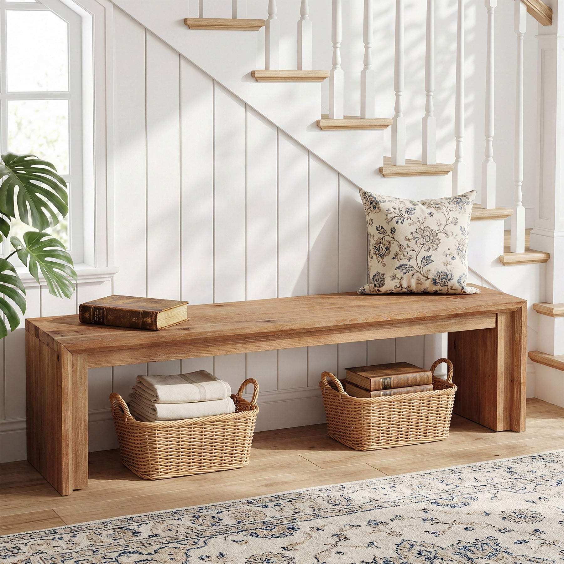 63" Solid Wood Entryway Shoe Bench, Farmhouse End of Bed Bench for 2-3 People