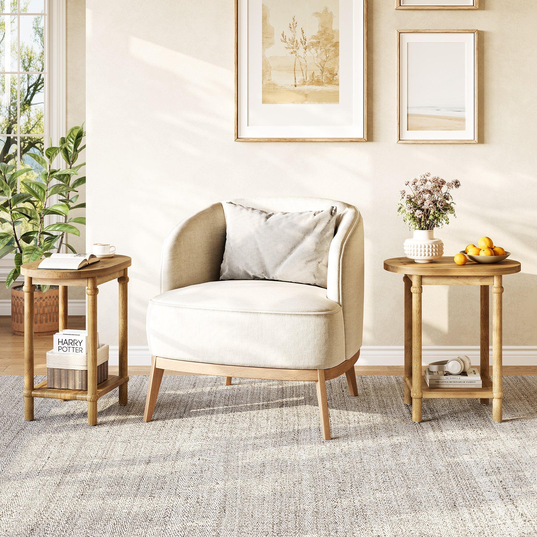 Solid Wood End Table, 2-Tier Oval Side Table with Storage Shelves